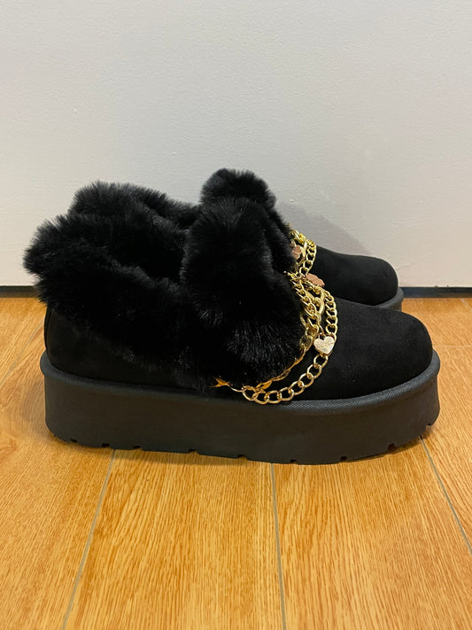 CARLA RIDA Black Faux Fur Chain Ankle Boots – Size 7.5