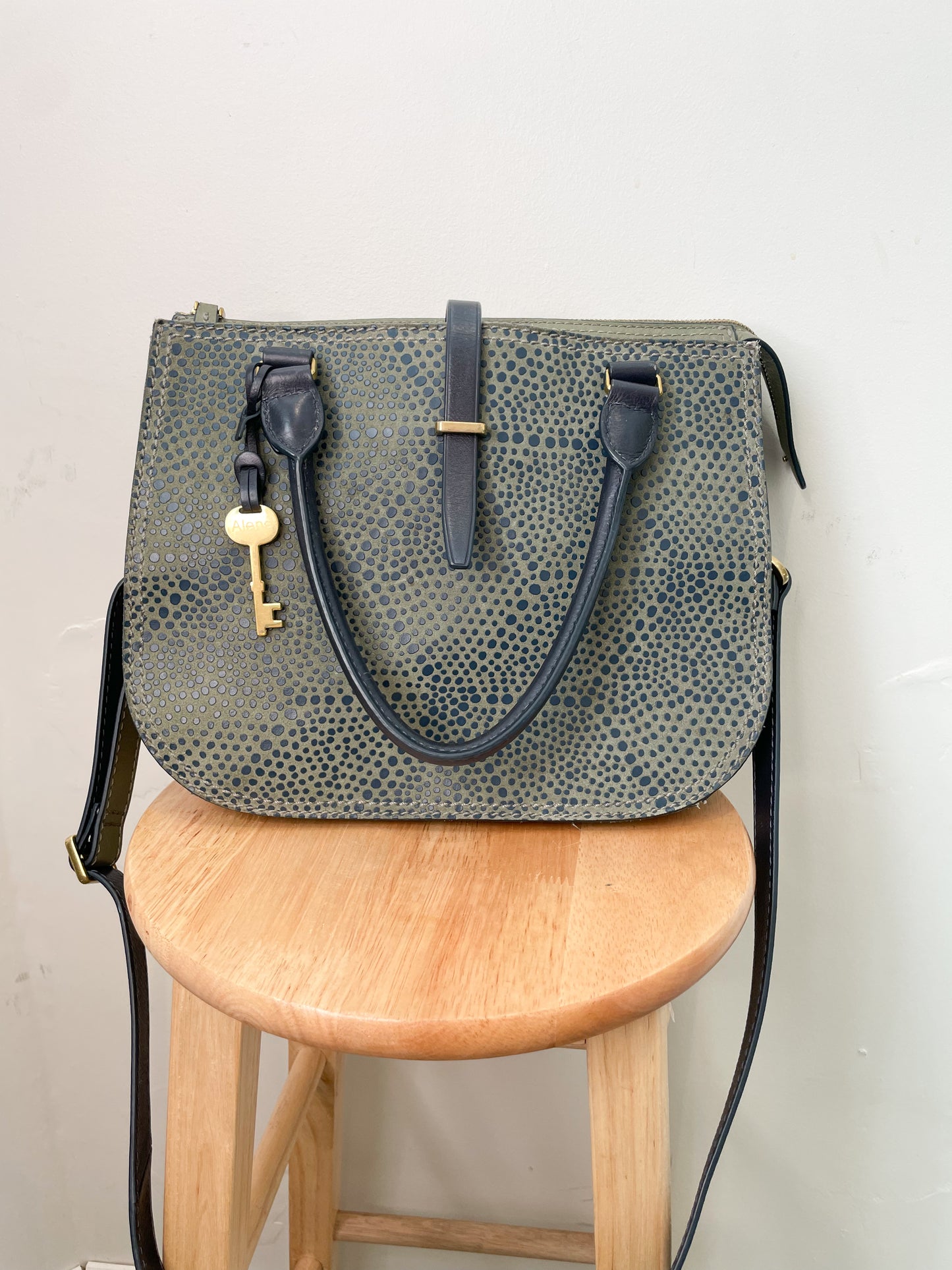 Fossil Olive Navy Dotted Genuine Leather 2-in-1 Satchel Cross Body Bag