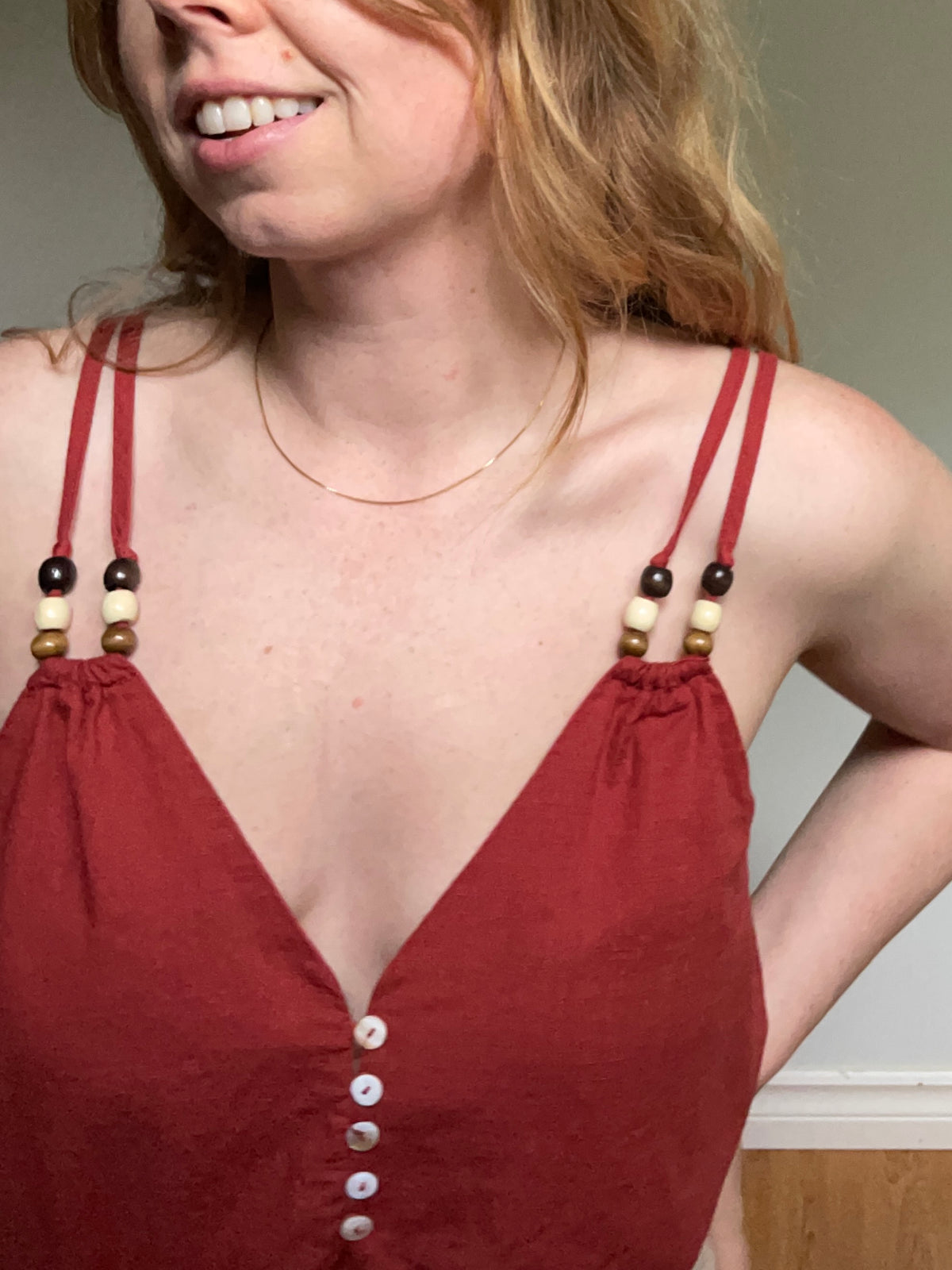 Burgundy Beaded Strap Cotton Button-Front Camisole – L/ M