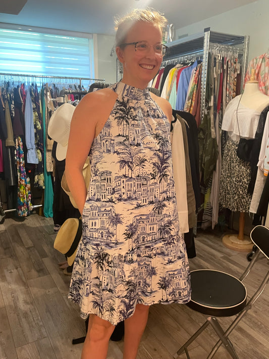 Calypso St. Barth Blue & White Toile Cotton Halter Mini Dress NWT - Small