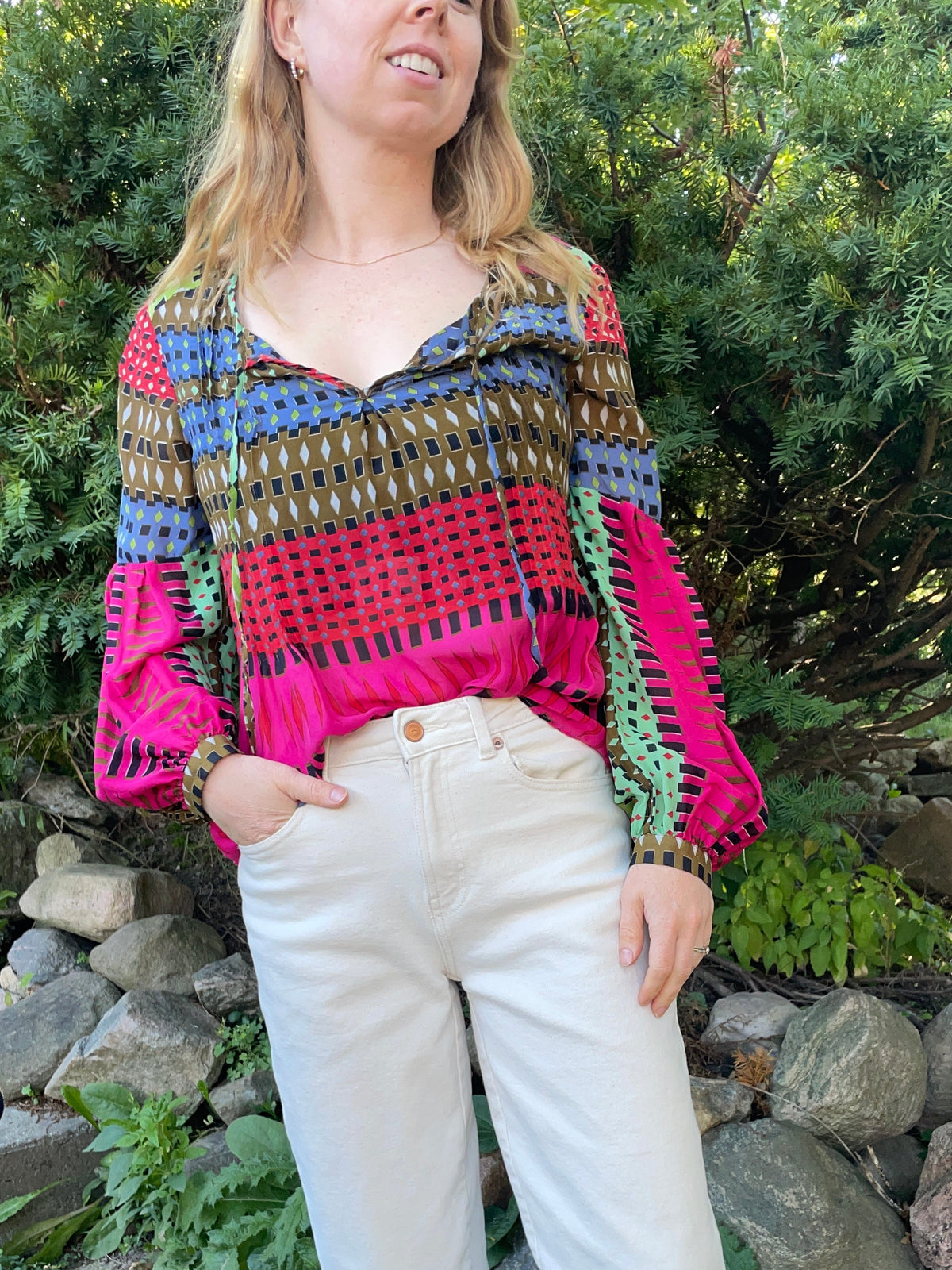 Hale Bob Pink Multicolour Geometric Silk Blouse – XS/S