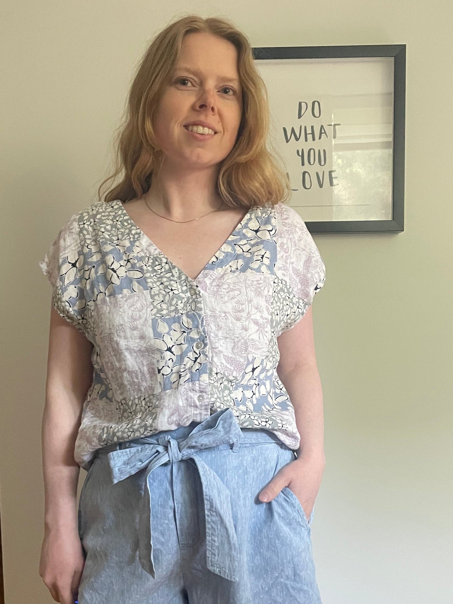 Linen Button-Up Floral Patchwork Short Sleeve Top - Medium