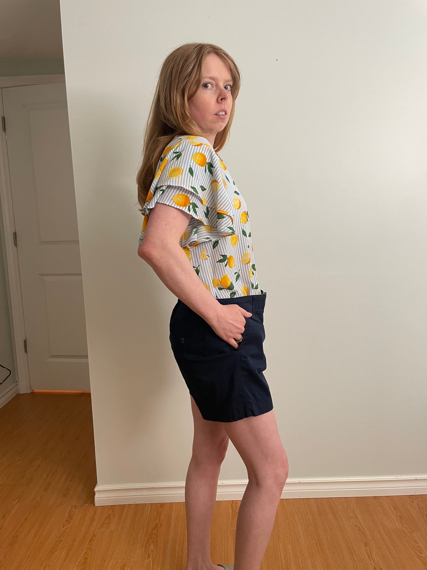 Faith and Joy Blue Stripe Lemon Print Flutter Sleeve Blouse – Medium