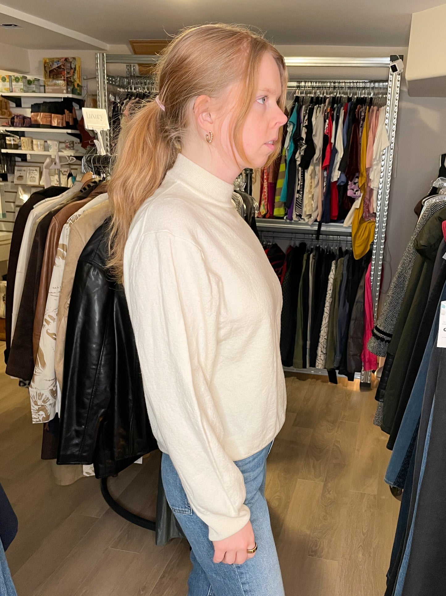 Toscano Cream 100% Merino Wool Mock Neck Sweater - XL