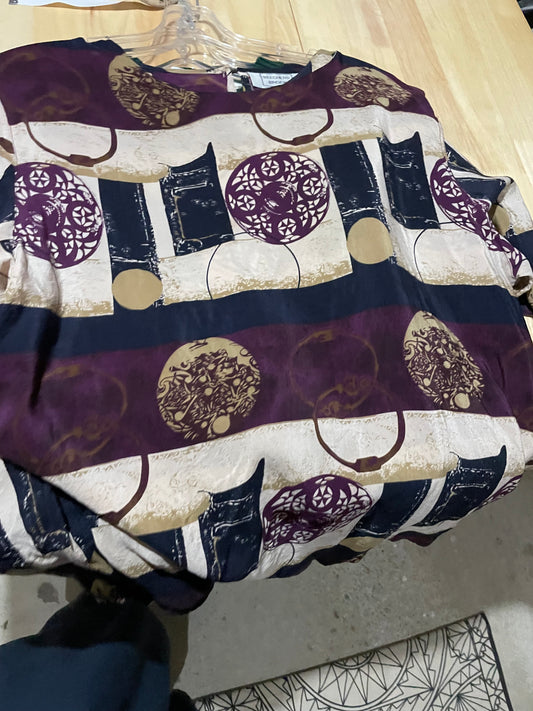 Beechers Brook Plum & Gold Abstract 100% Silk Blouse - Large