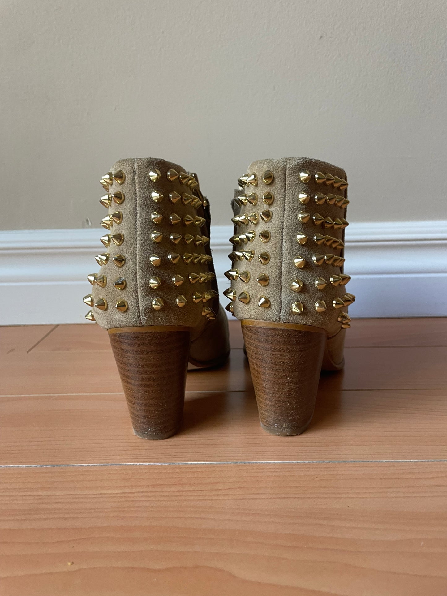 Zara Woman Beige Genuine Suede Gold Studded Heel Boots - Size 37