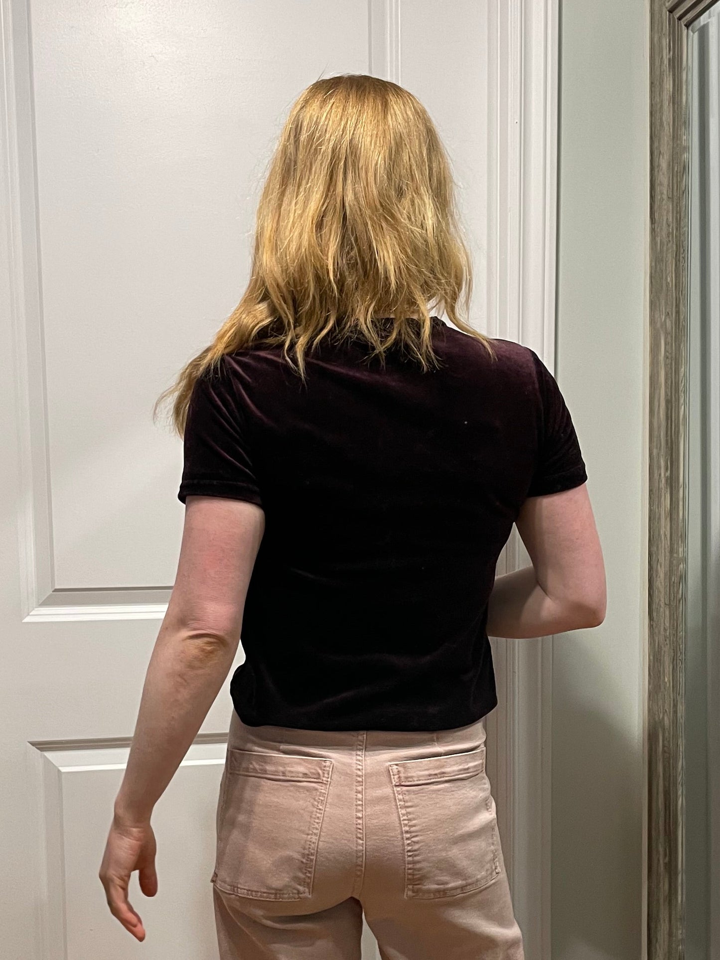 Zig Zag Burgundy Velvet Stretch T-Shirt – Vintage 1990s – XS/Small