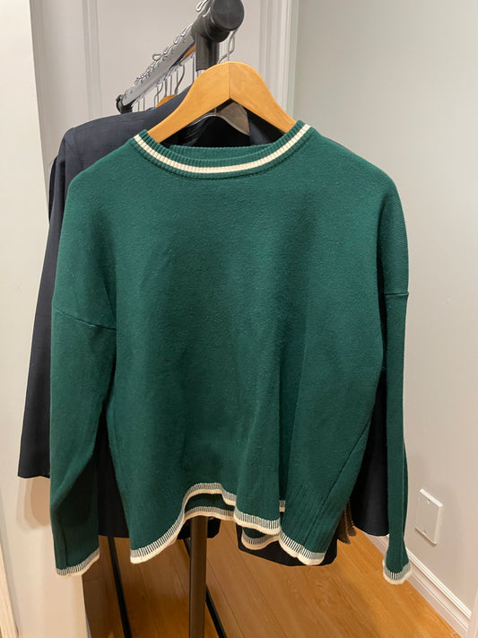 Forest Green Varsity-Trim Knit Sweater – Relaxed Medium