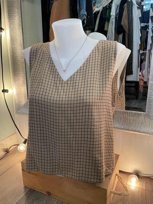 Babaton Taupe Black Grid Sleeveless V-Neck Top - Large