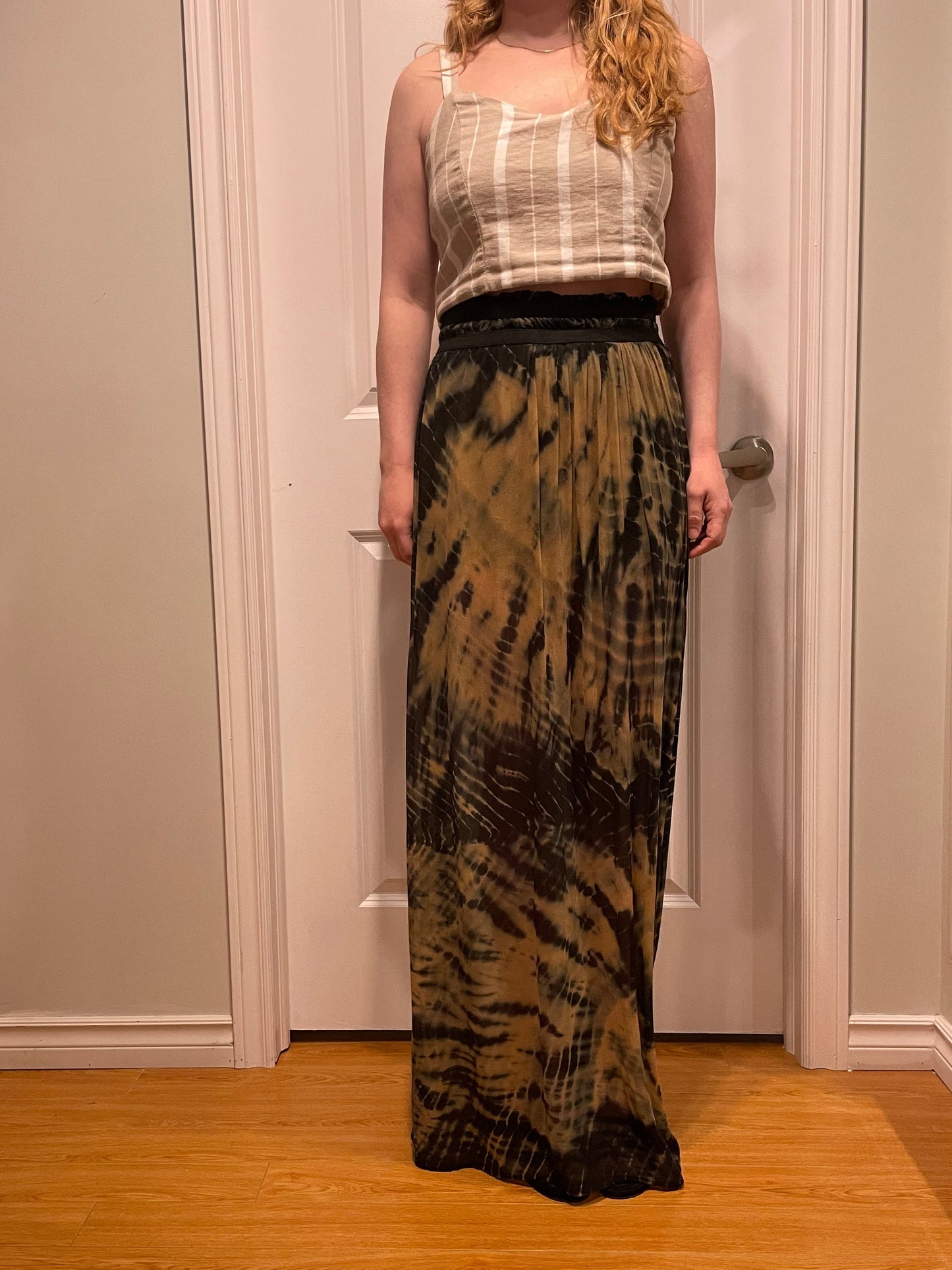 Black & Tan Tie-Dye Silk Draped Maxi Skirt – Small