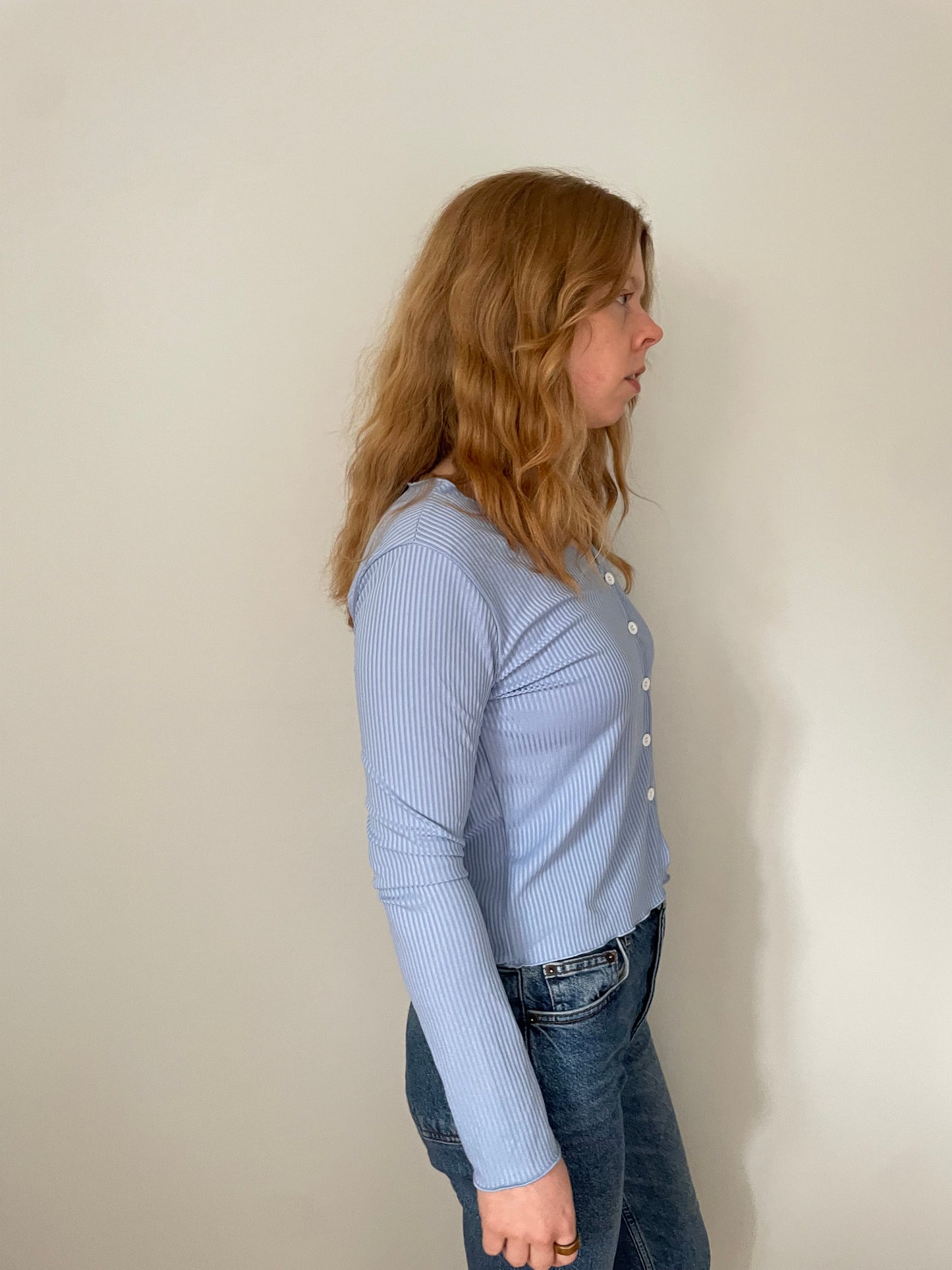 Soft Blue Ribbed Button Front Long Sleeve Top – Size XS–S