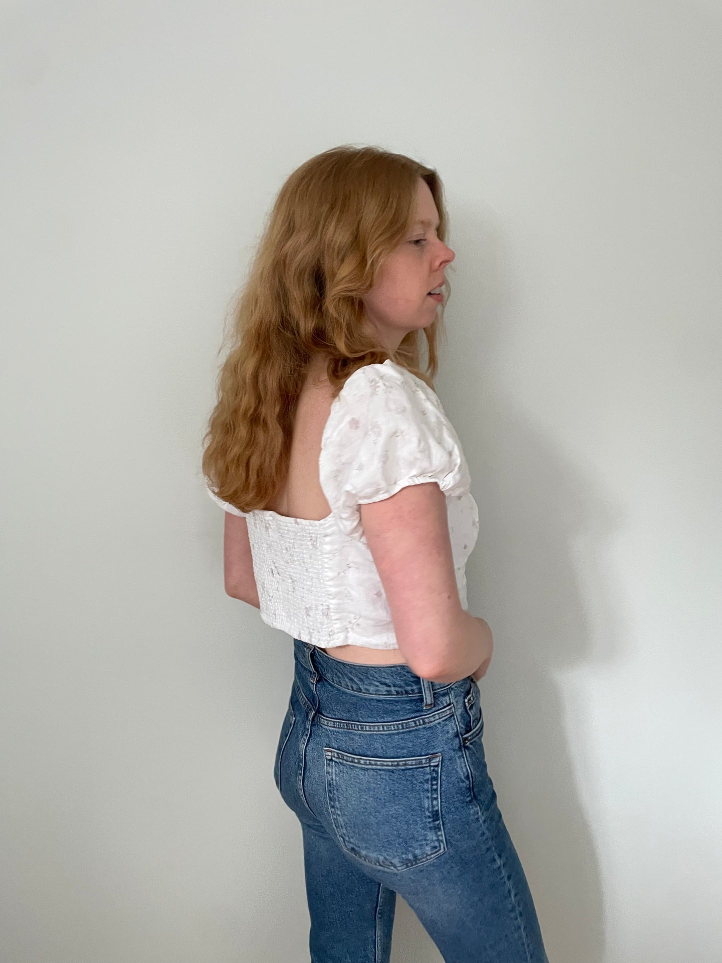 Wilfred White Floral Organic Linen Puff Sleeve Crop Top - Size Large