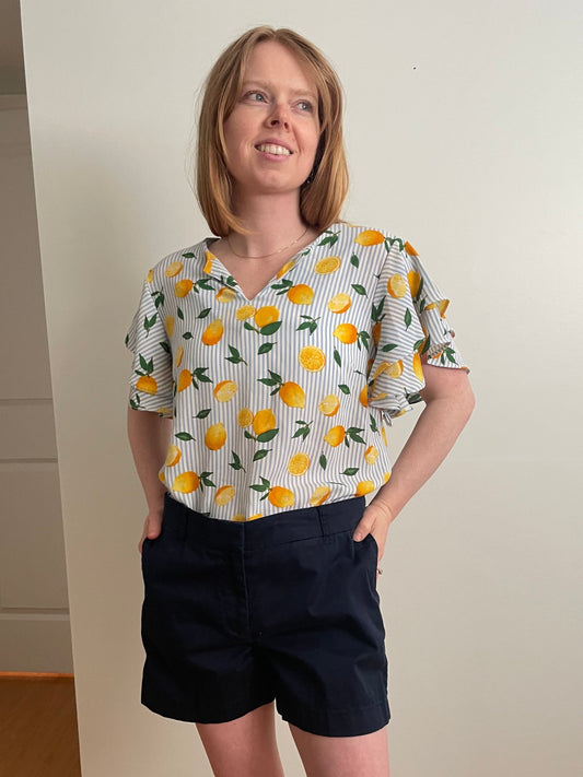 Faith and Joy Blue Stripe Lemon Print Flutter Sleeve Blouse – Medium
