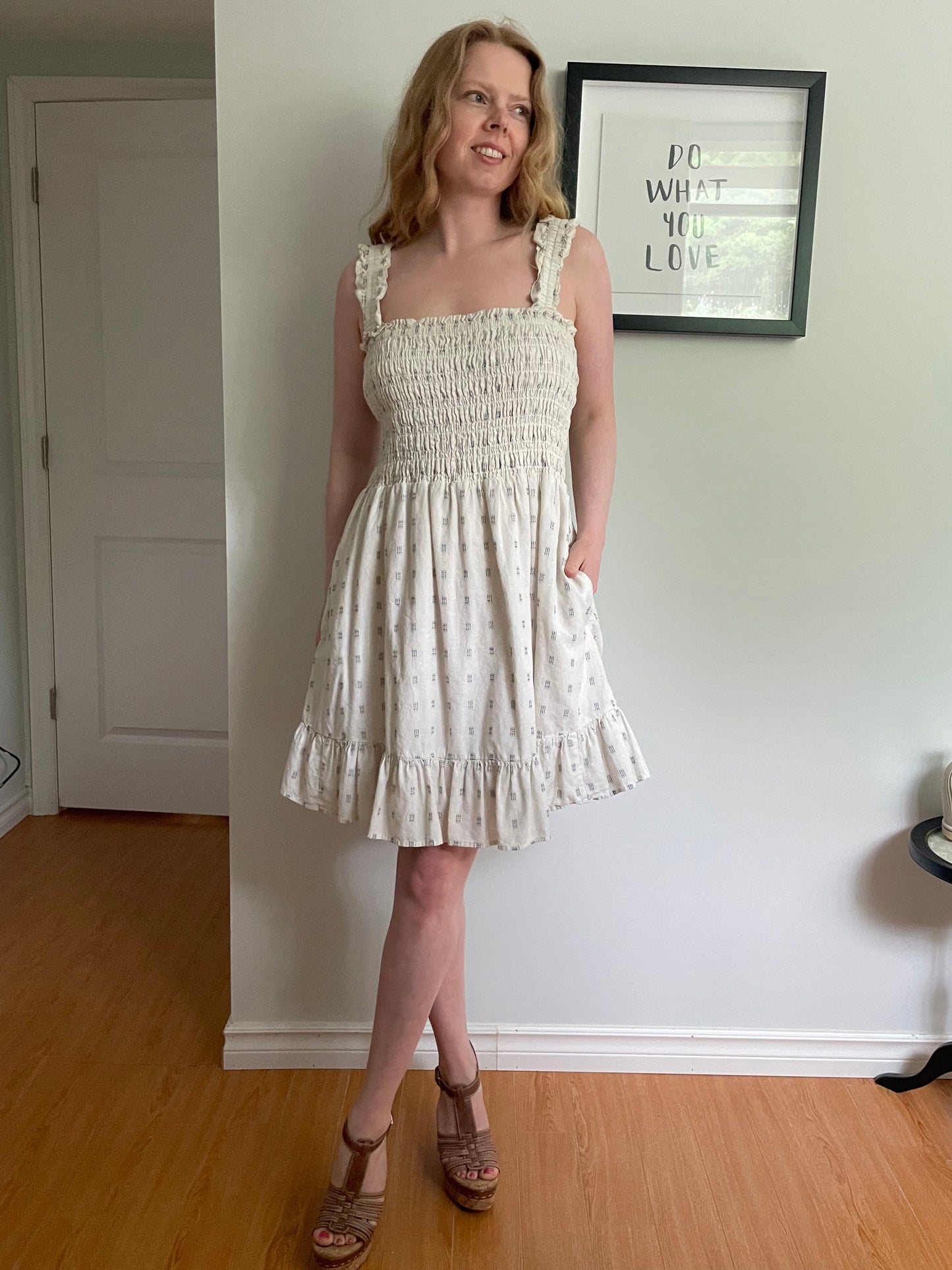 Madewell Cream Cotton Smocked Dress with Pockets