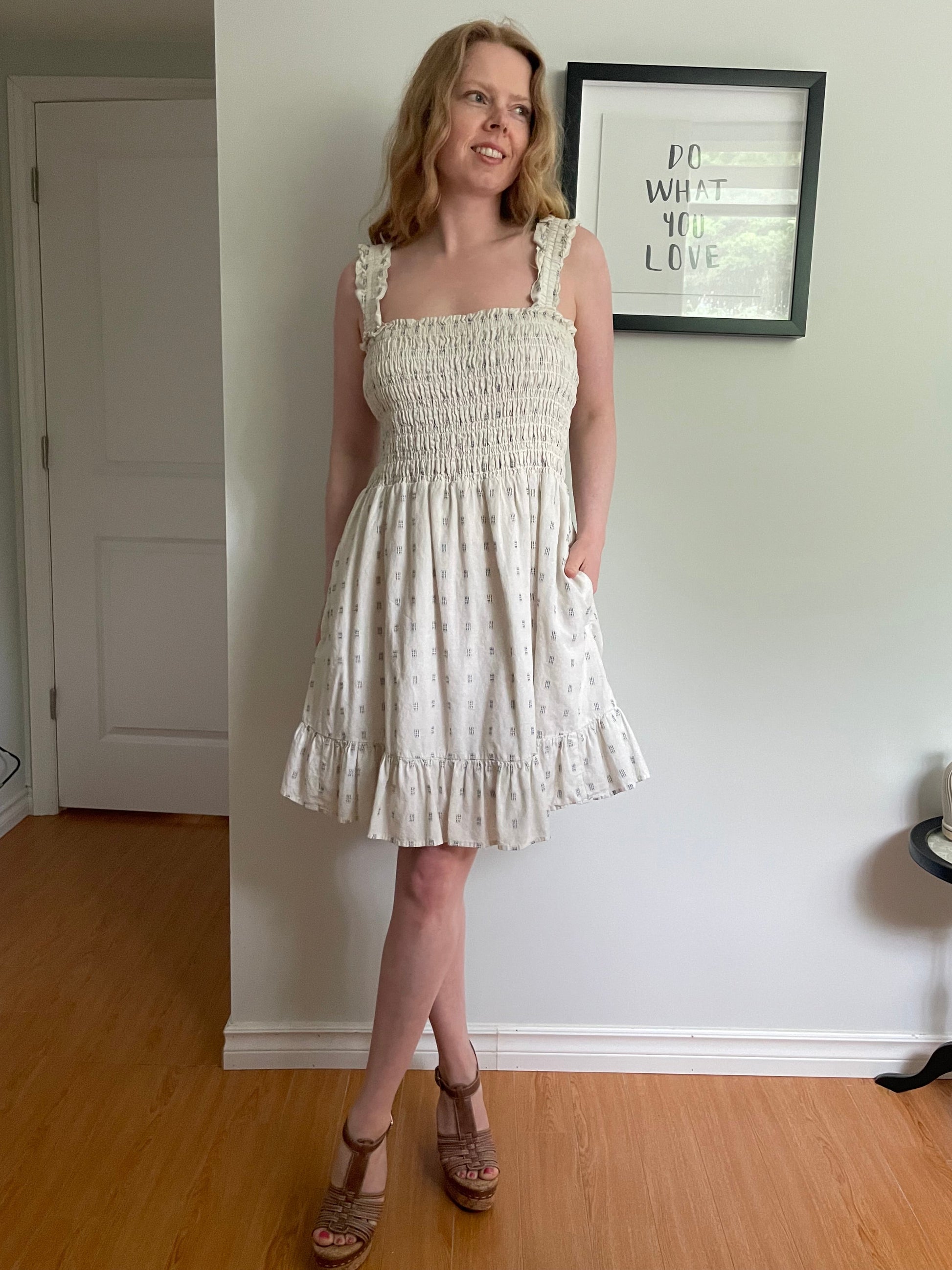 madewell smocked waist mini dress Madewell Cream Cotton Smocked Dress with Pockets