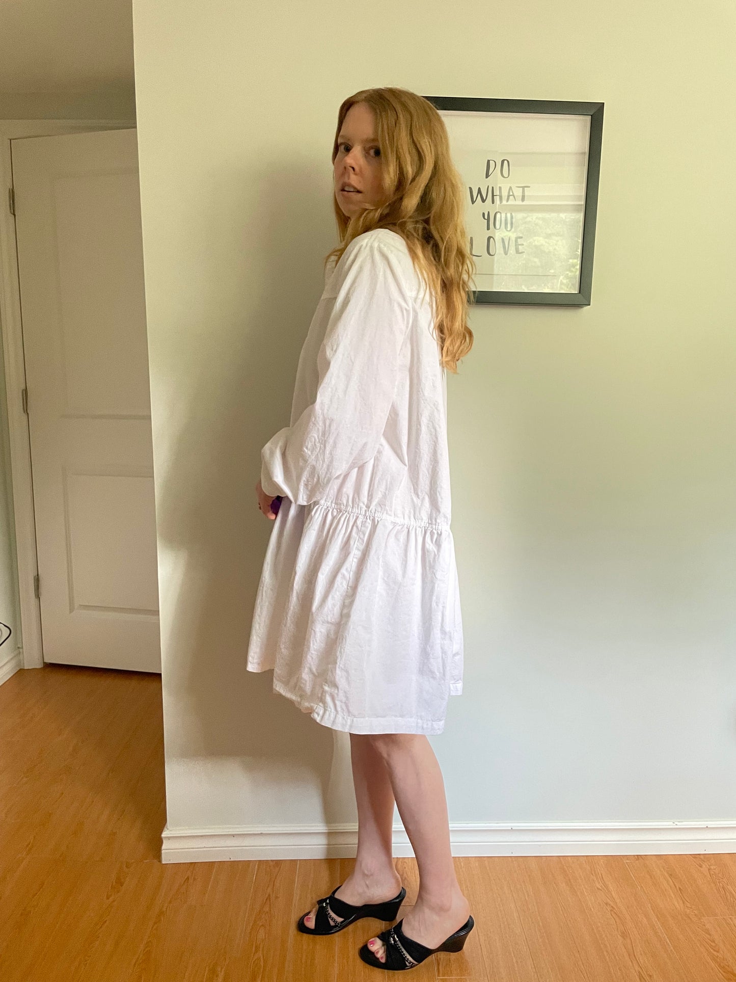 White Cotton Button-Front Tiered Shirt Dress – Medium