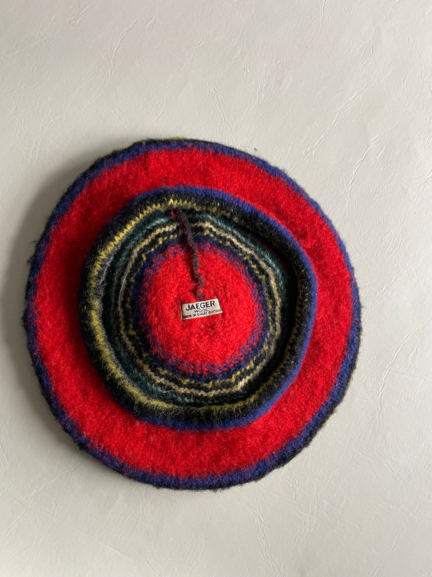 Jaeger Vintage Red Stripe Wool Beret Hat with Pom Pom