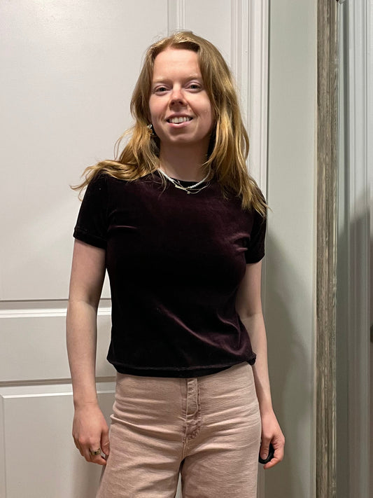 Zig Zag Burgundy Velvet Stretch T-Shirt – Vintage 1990s – XS/Small