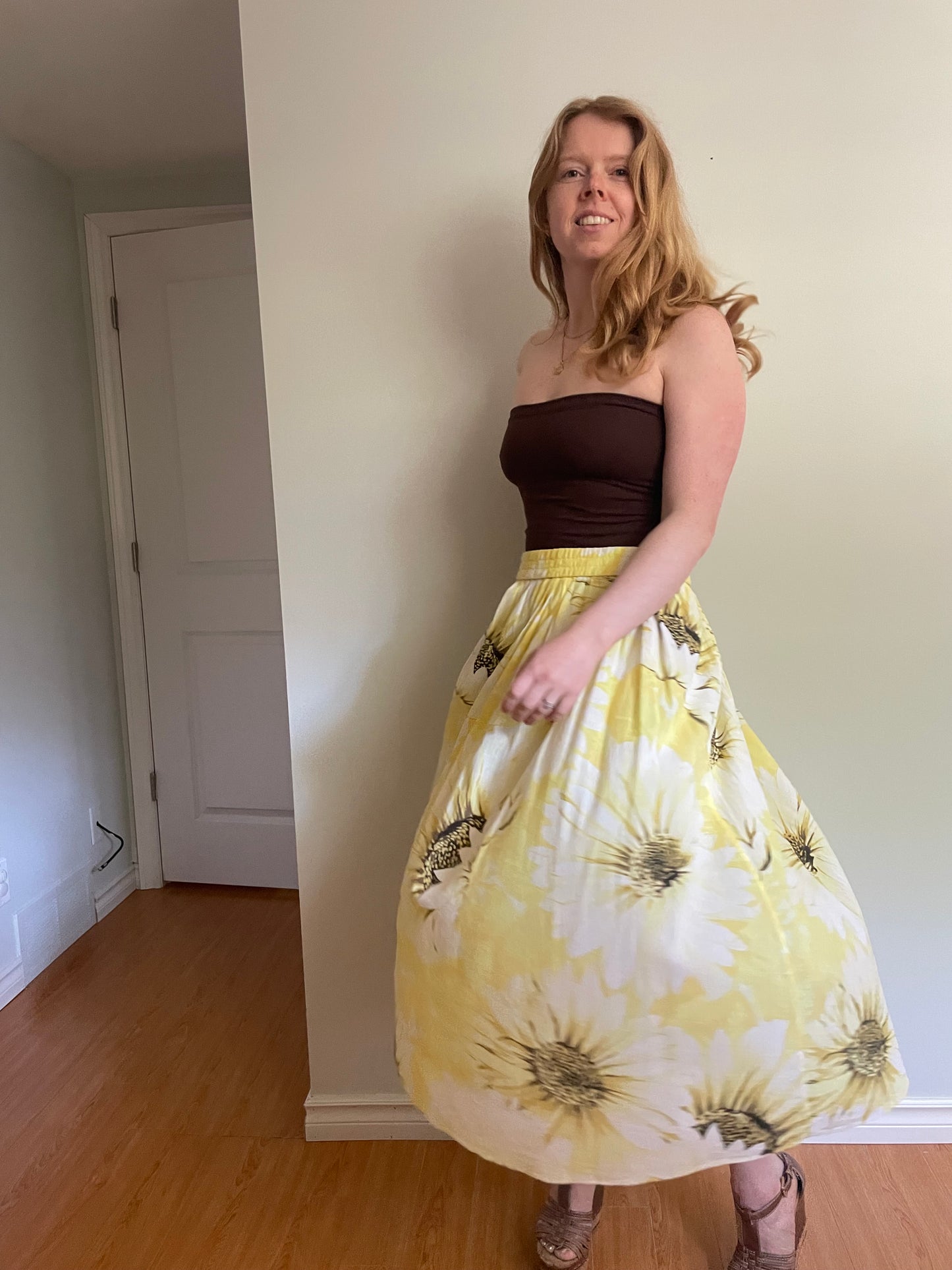 H&M Yellow Sunflower Print Cotton Midi Skirt - Medium