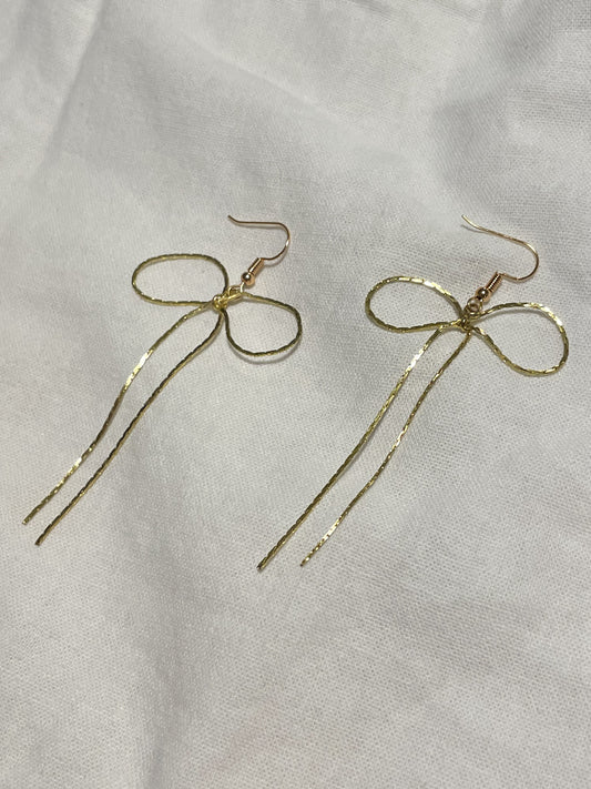 Gold Ribbon Bow Dangle Earrings – 18K Gold Plated Hooks