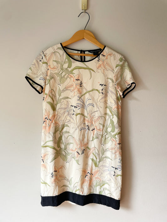 French Connection Silk Cream Lily Floral Print Shift Dress - Small