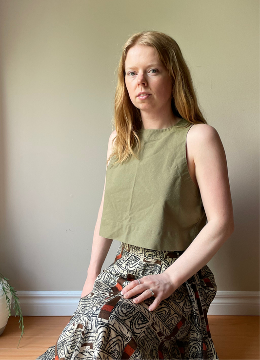 Olive Green Flax Cotton Cropped Tank - Size Medium
