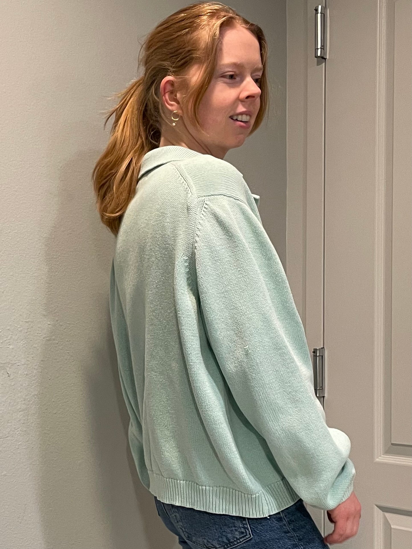 Lands’ End Mint Green Cotton Collared Cardigan – Petite Large (14–16)