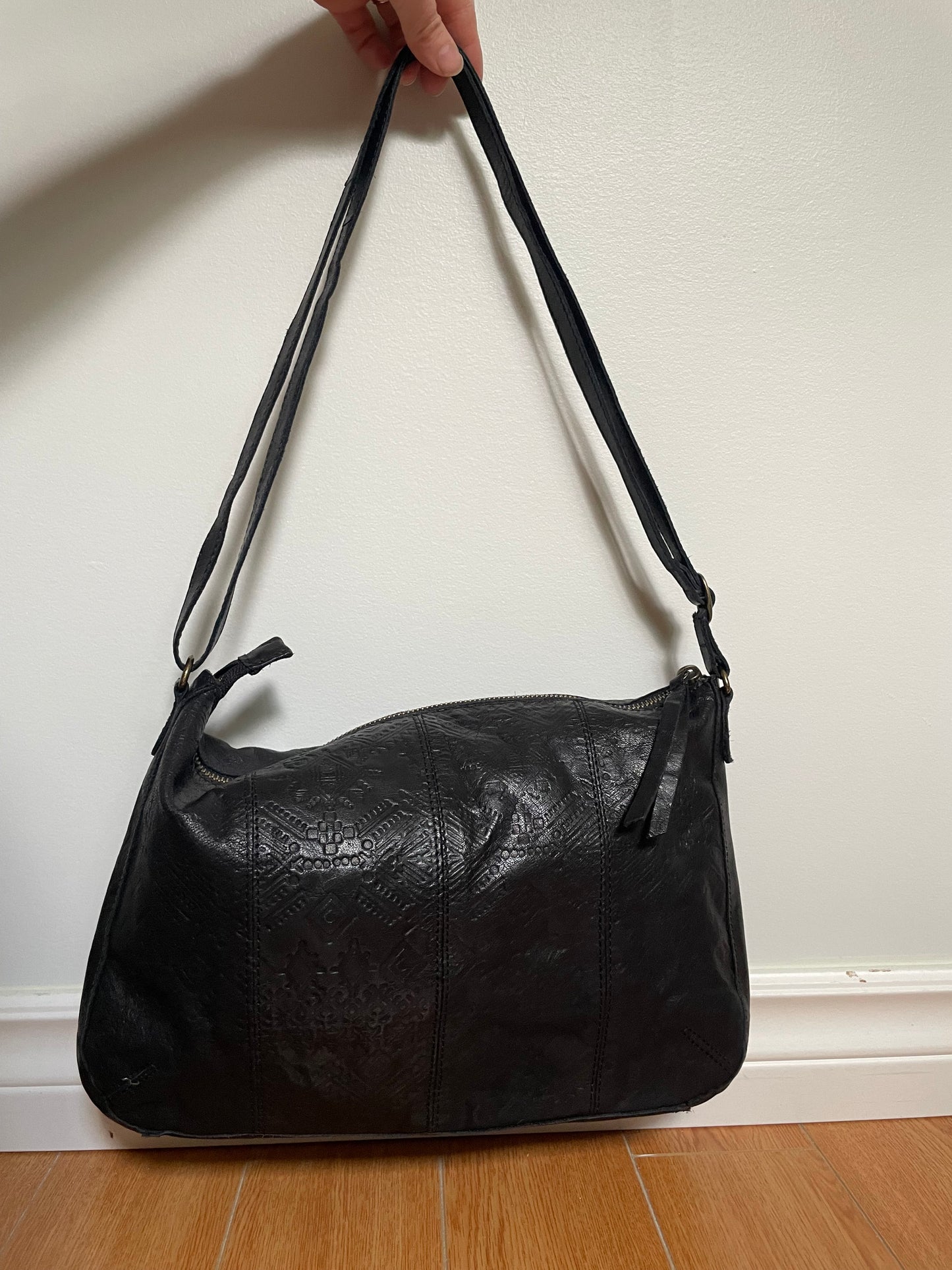 Day & Mood Black Embossed Leather Shoulder Bag