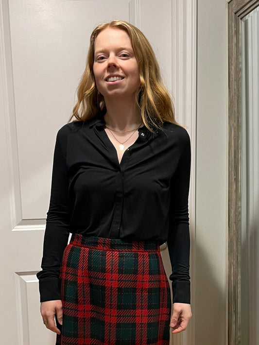 Fine Collection Black Collared Modal Silk Long Sleeve Top - Small