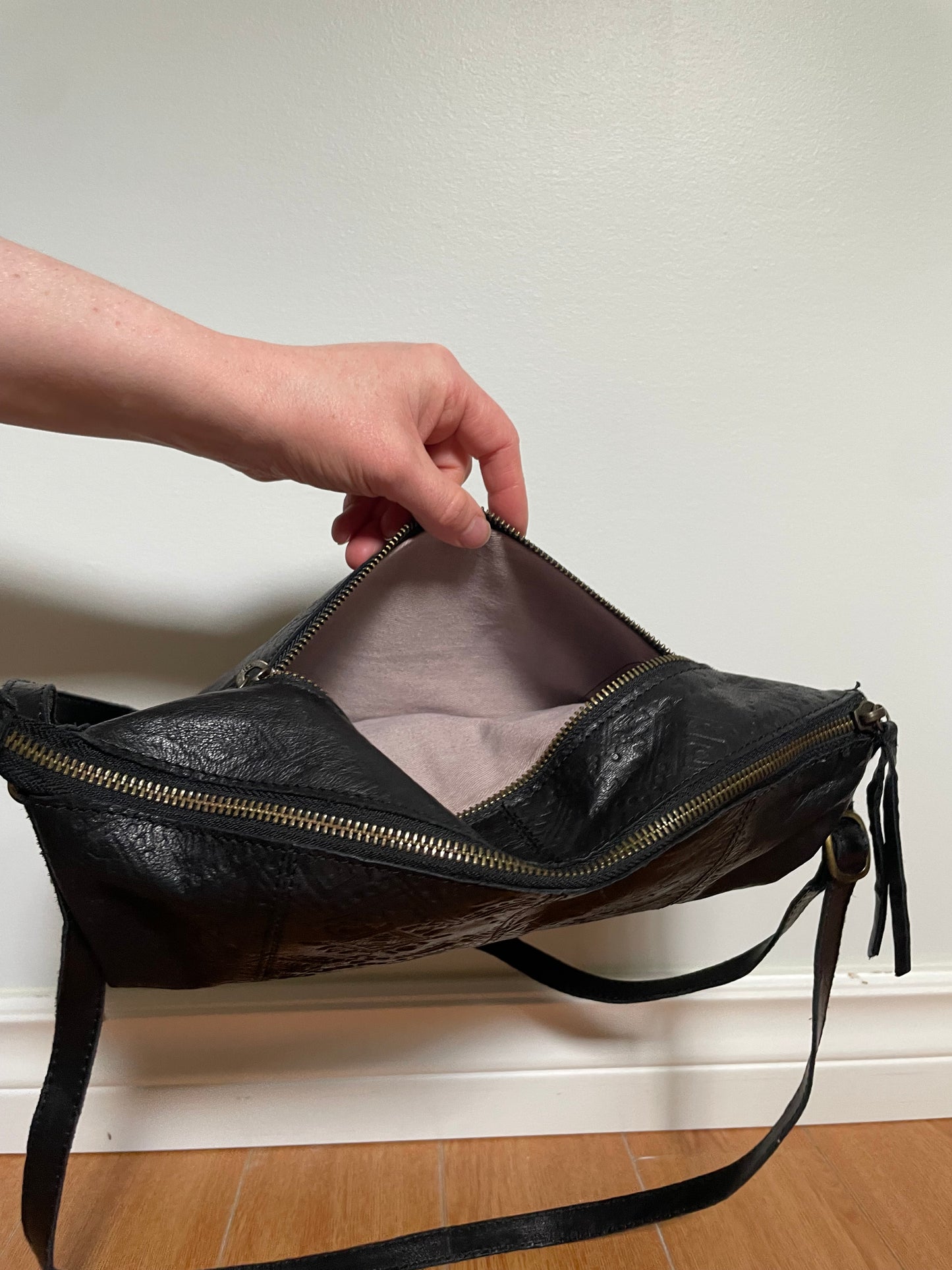 Day & Mood Black Embossed Leather Shoulder Bag