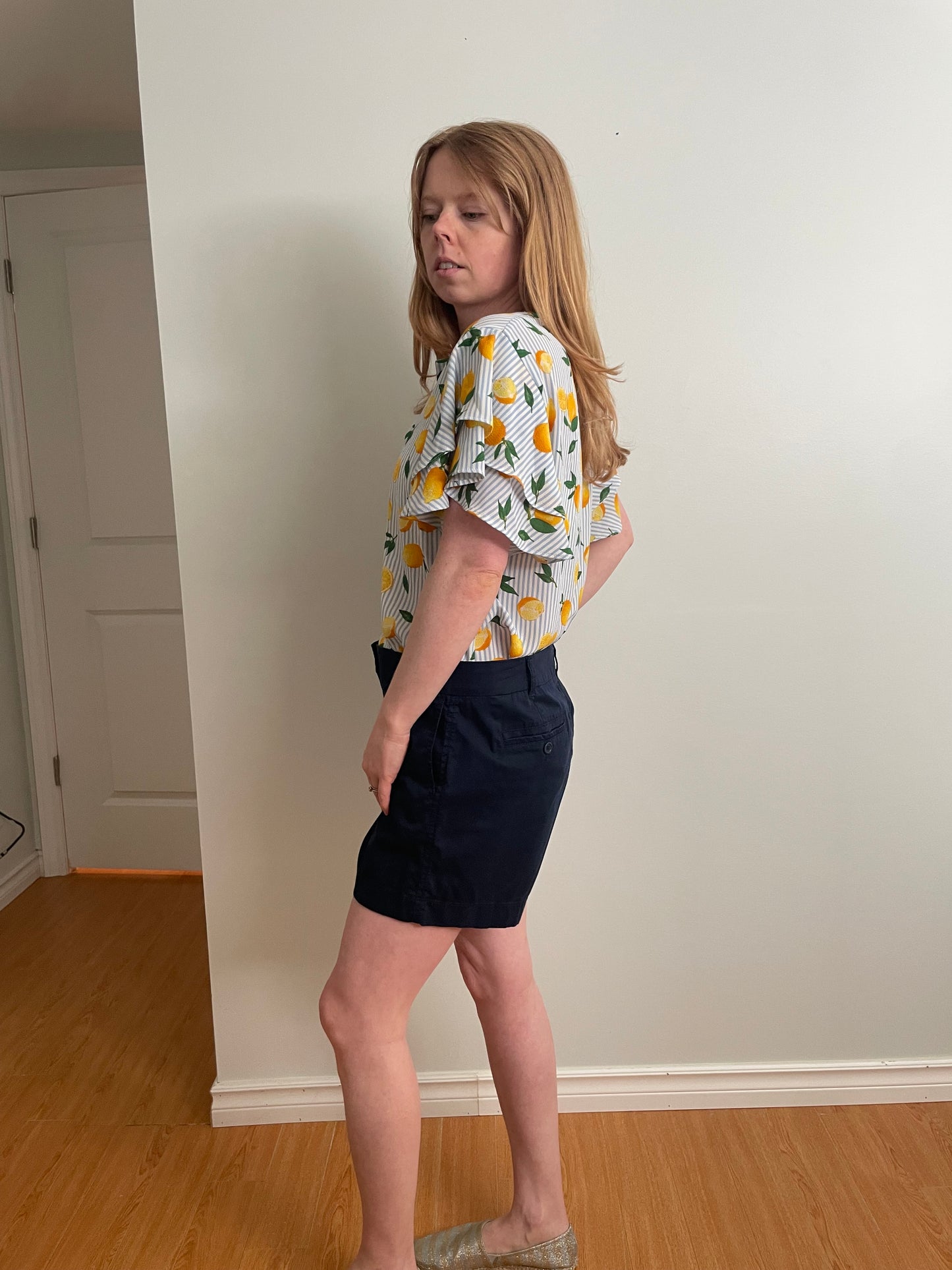 Faith and Joy Blue Stripe Lemon Print Flutter Sleeve Blouse – Medium
