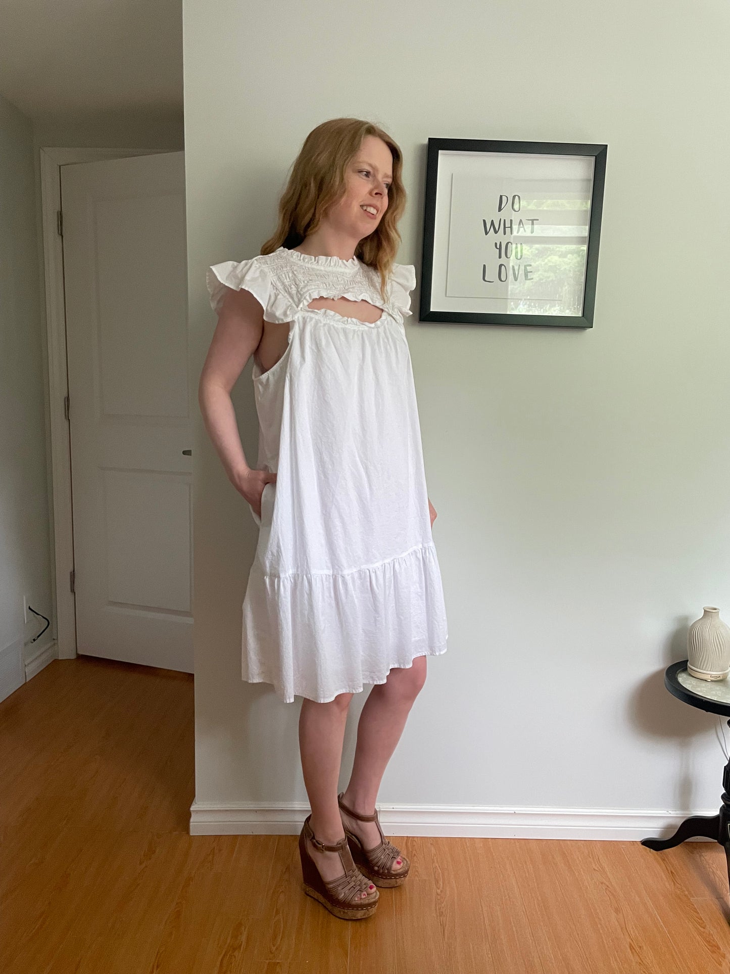 White Eyelet Ruffle Smocked Cotton Cutout Babydoll Dress - XL