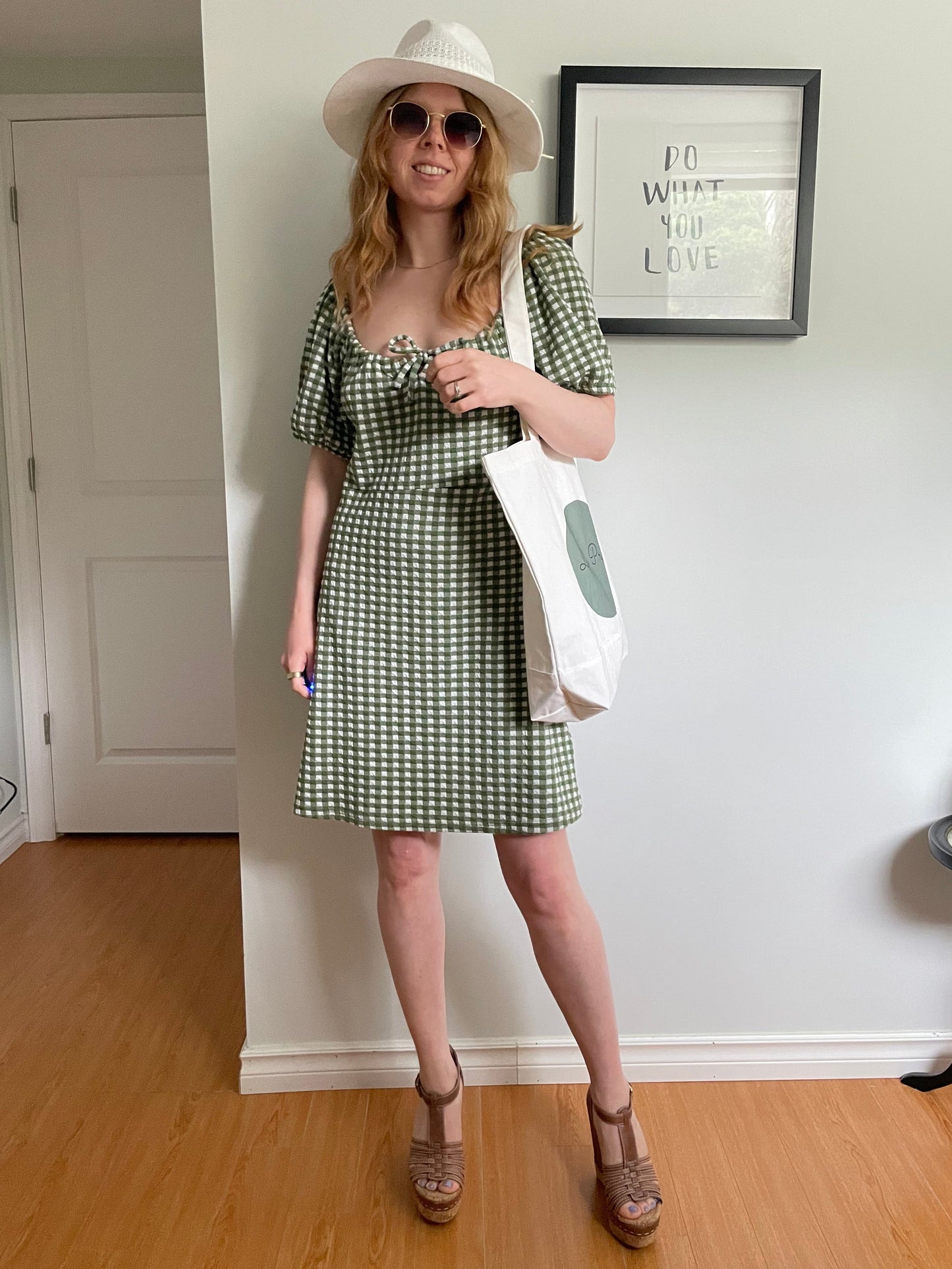 Madewell Green & White Gingham Puff Sleeve Mini Dress - Large