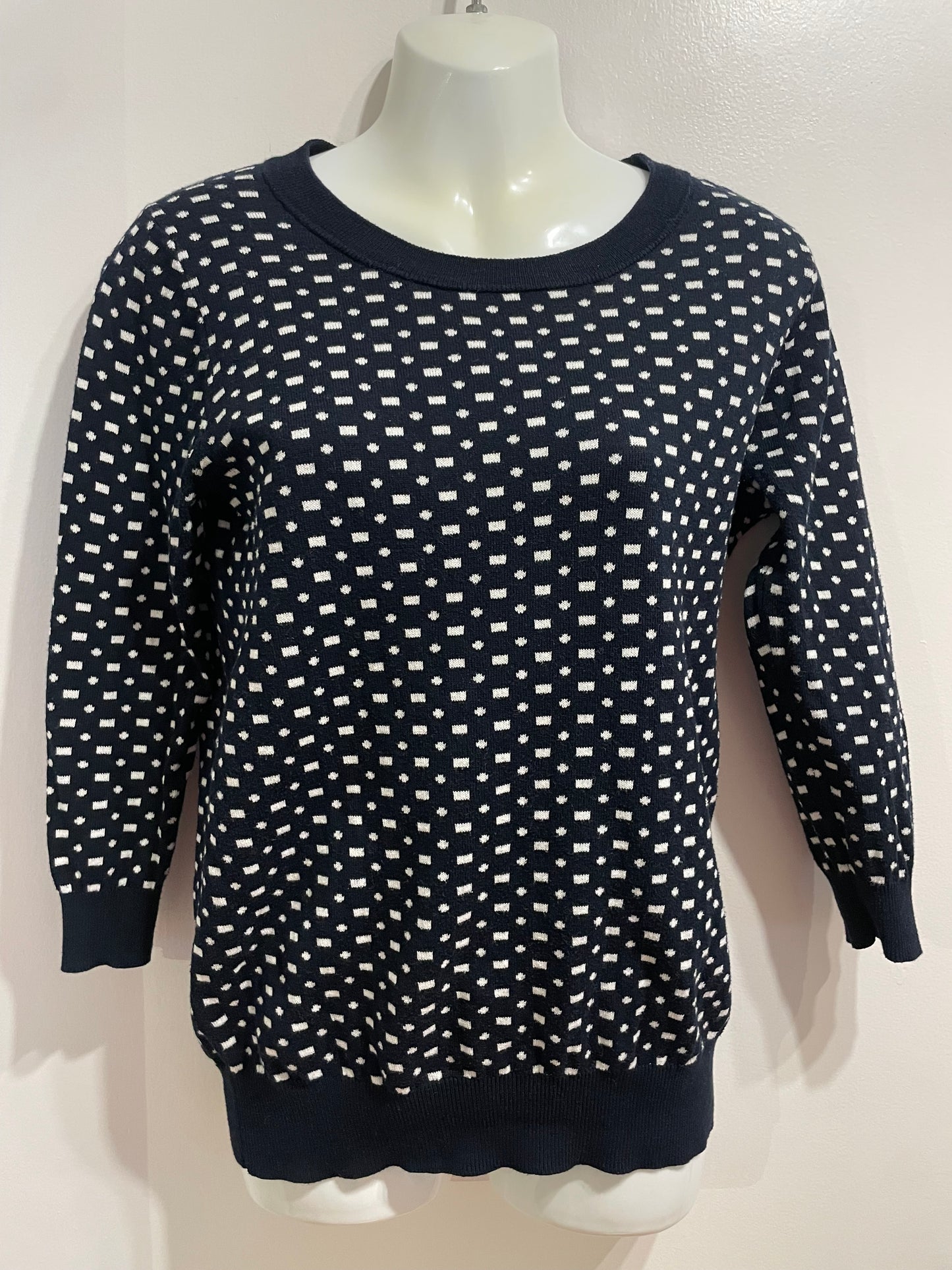 J.Crew Navy White Cotton Patterned Crewneck Sweater - Small