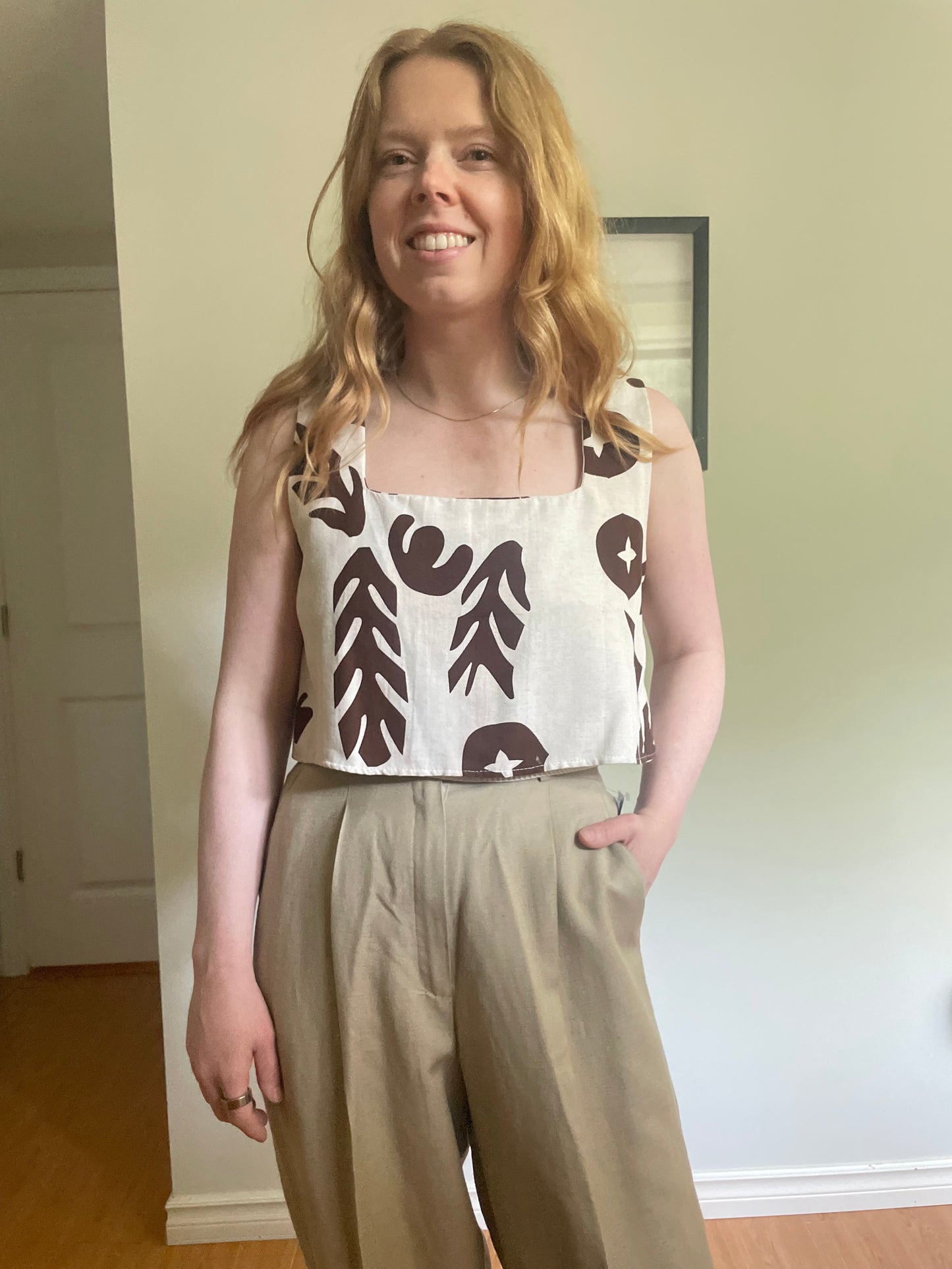 farukEkin Cream & Brown Graphic Linen Cropped Tank Top - EU 38/M