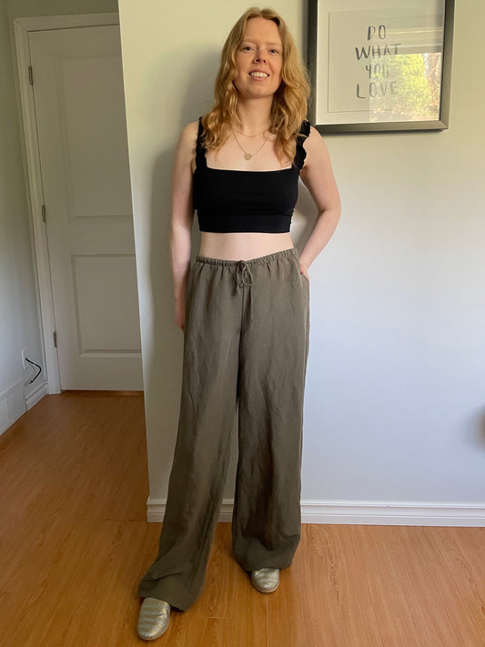 H&M Olive Green Linen Blend Wide Leg Drawstring Pants - Small/Medium