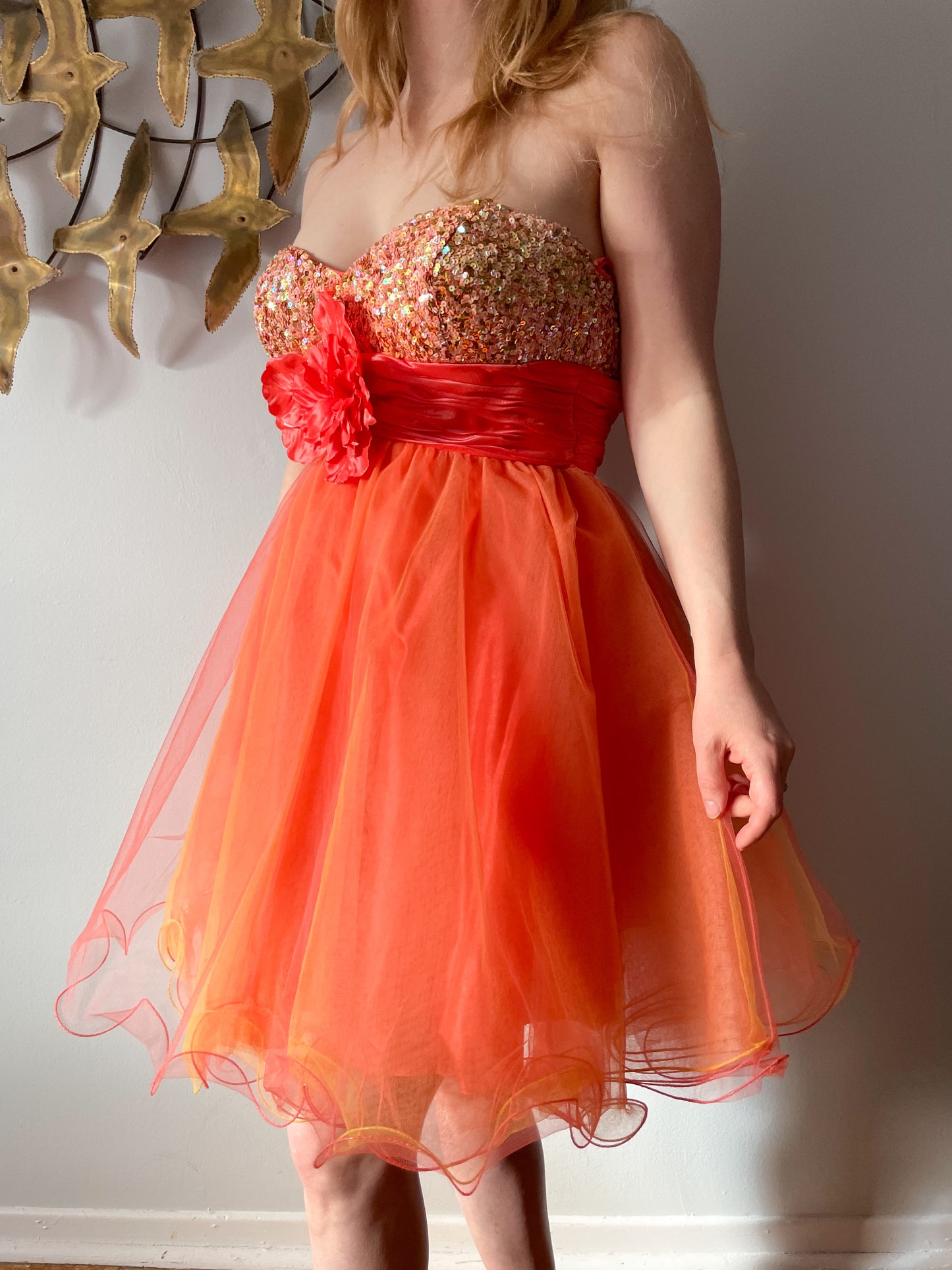 Aspeed Orange Tulle Ruffle Hand Beaded Sweetheart Dress - Size 4