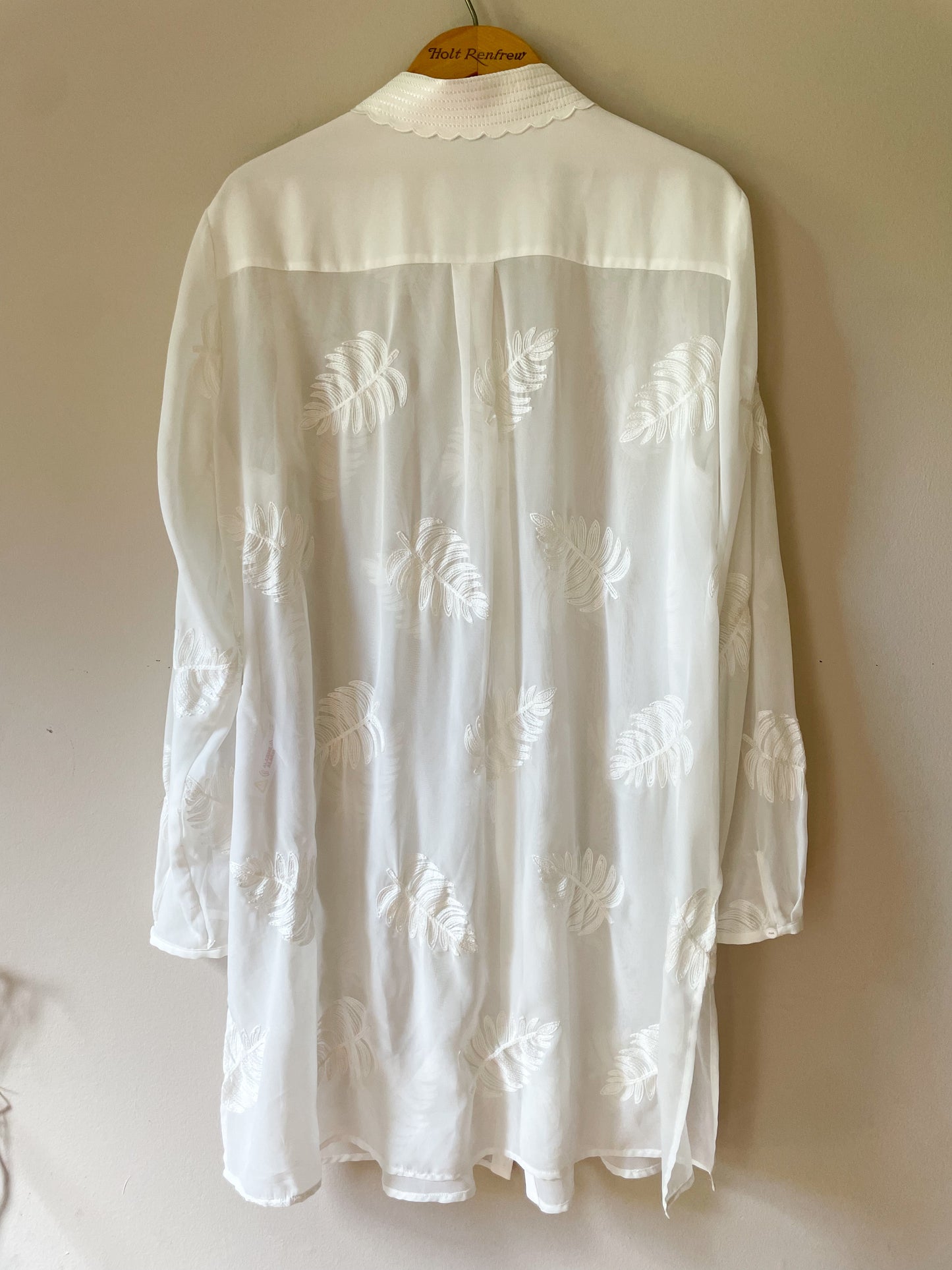 Melanie Lyne Sheer White Embroidered Palm Print Tunic Cover Up Button Front Shirt - Size 14