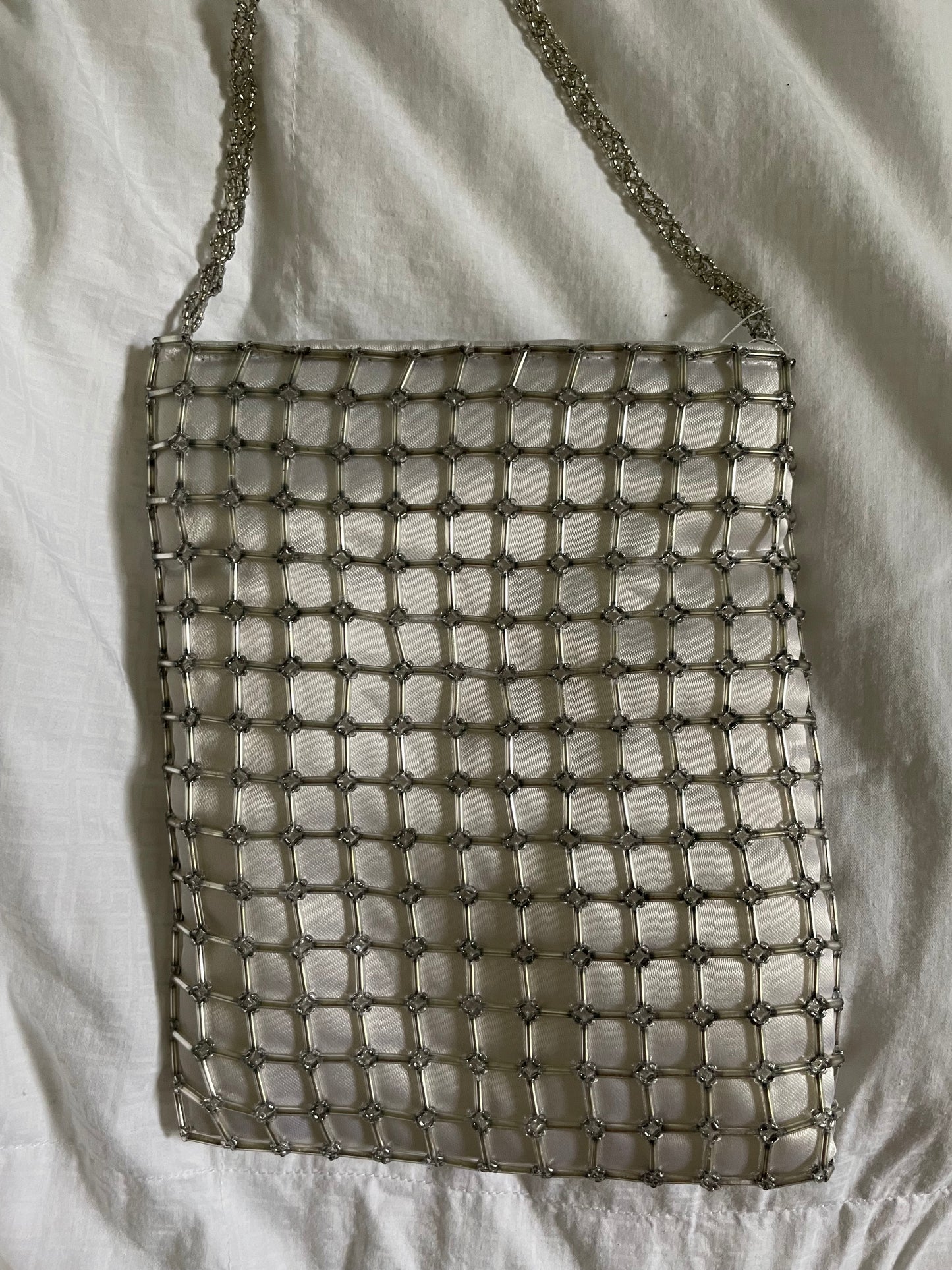 Silver Satin Beaded Mesh Shoulder Bag