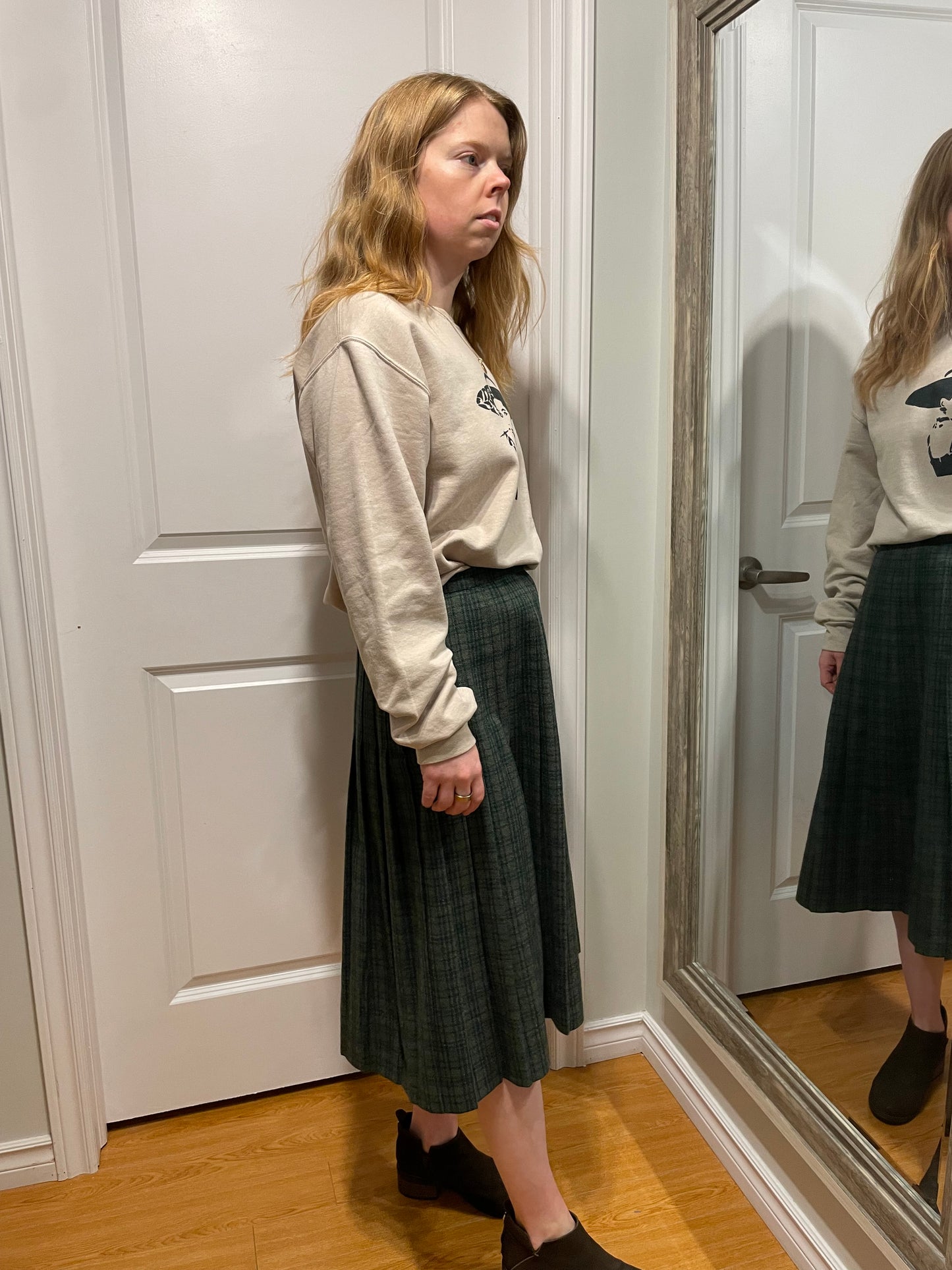 Vintage Dark Green Plaid Pleated Wool Midi A-Line Skirt - Small