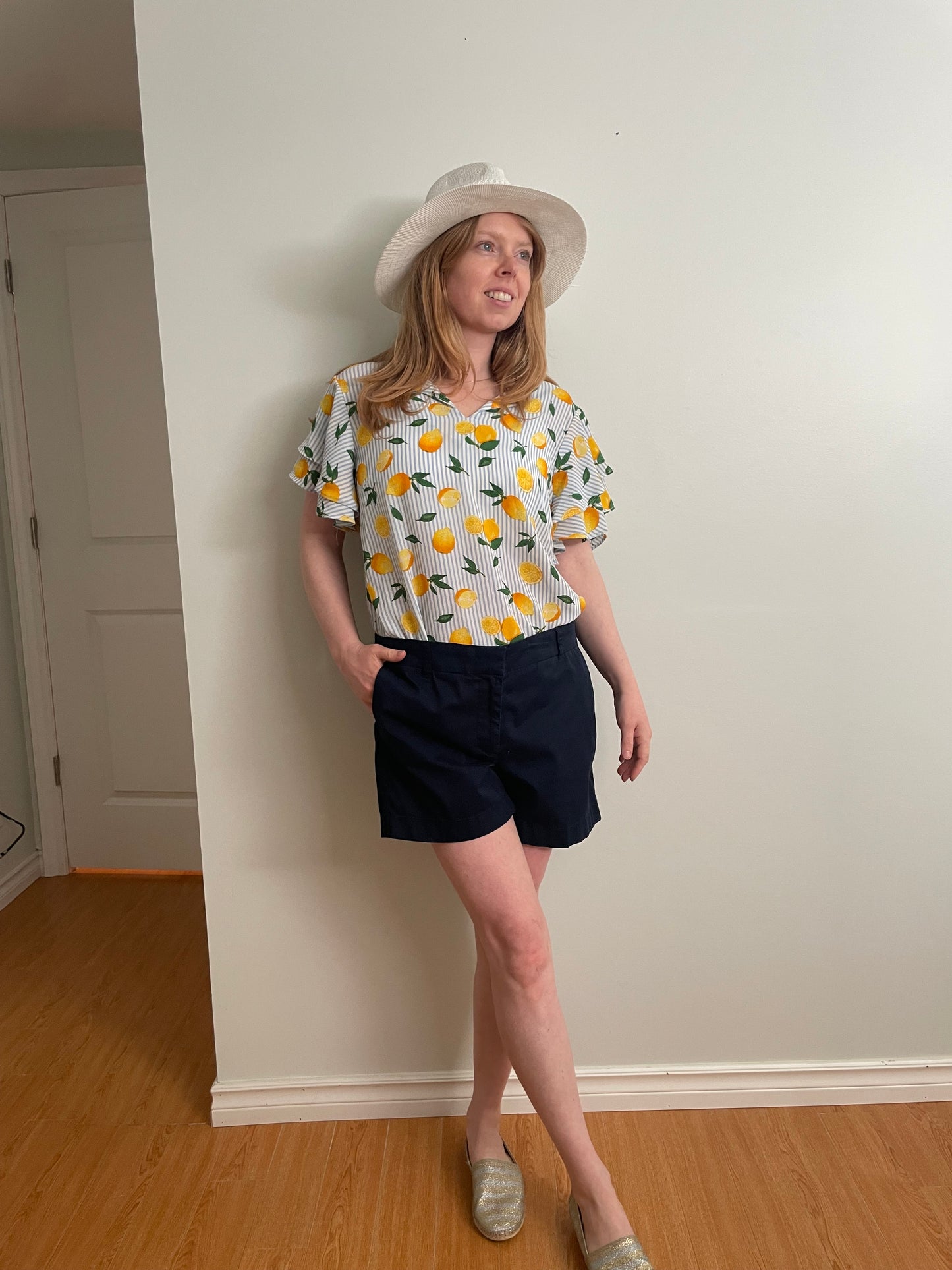 Faith and Joy Blue Stripe Lemon Print Flutter Sleeve Blouse – Medium
