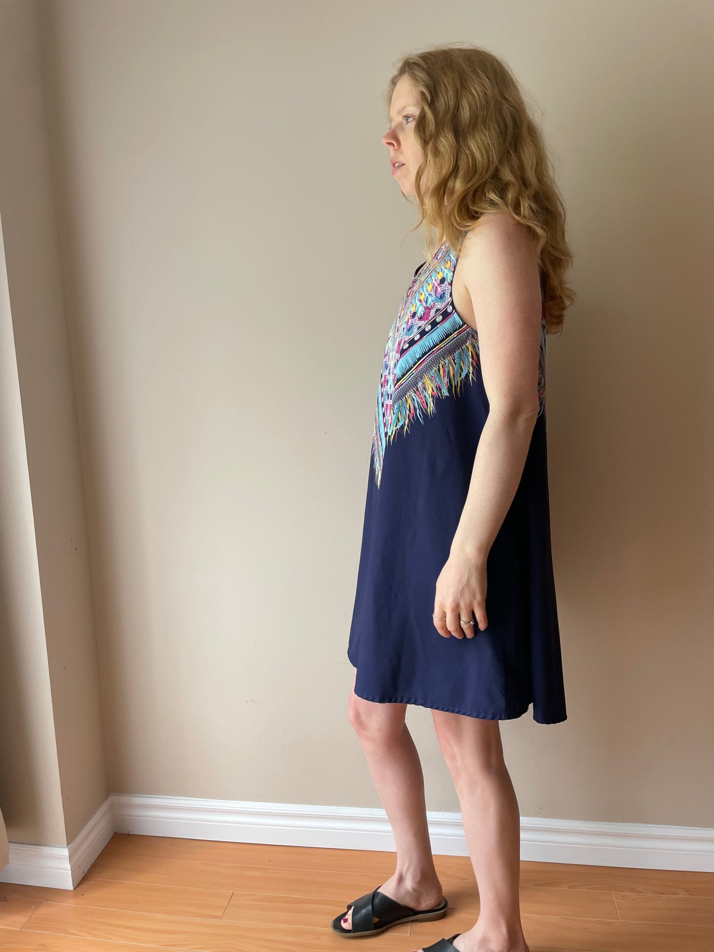 Indikah Navy Blue Sleeveless Mini Dress with Colourful Tribal Print – Size 10