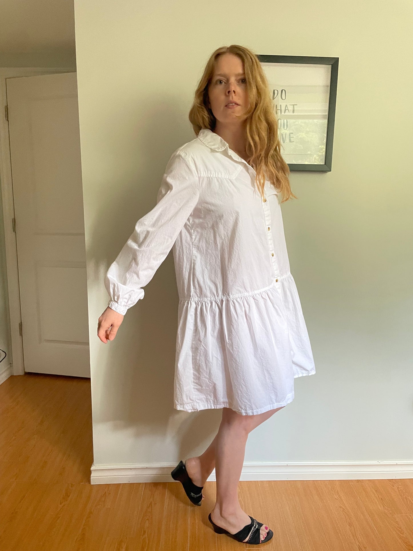 White Cotton Button-Front Tiered Shirt Dress – Medium
