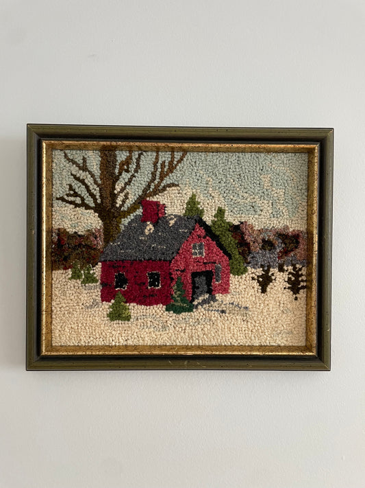 Vintage Handmade Framed Textile Art – Winter Red House Scene (1979)