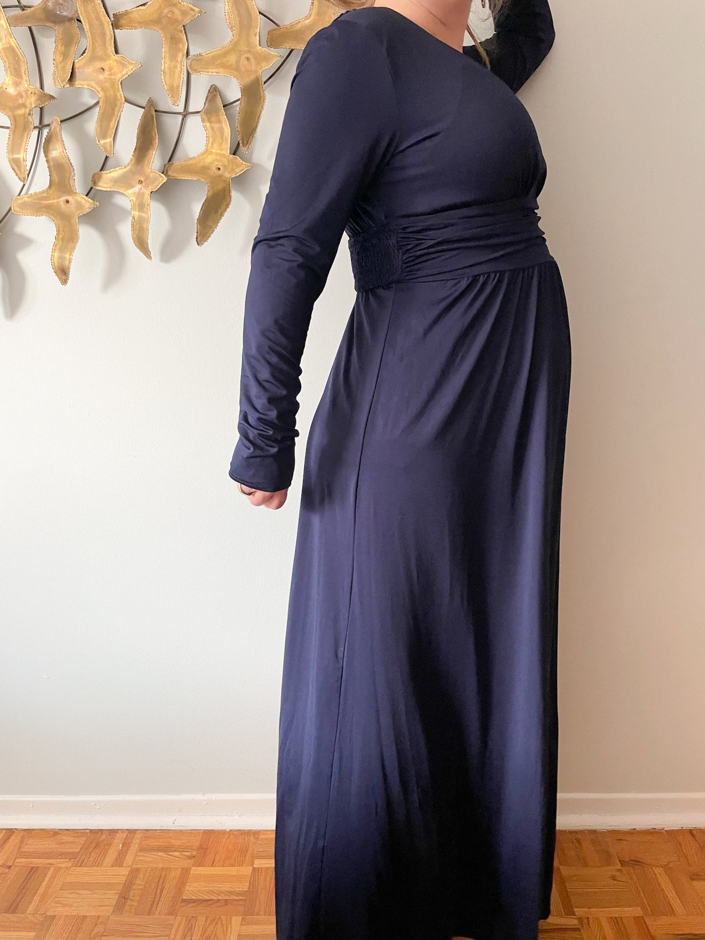 Navy Stretchy Empire Waist Long Sleeved Slit Maxi Gown - XL
