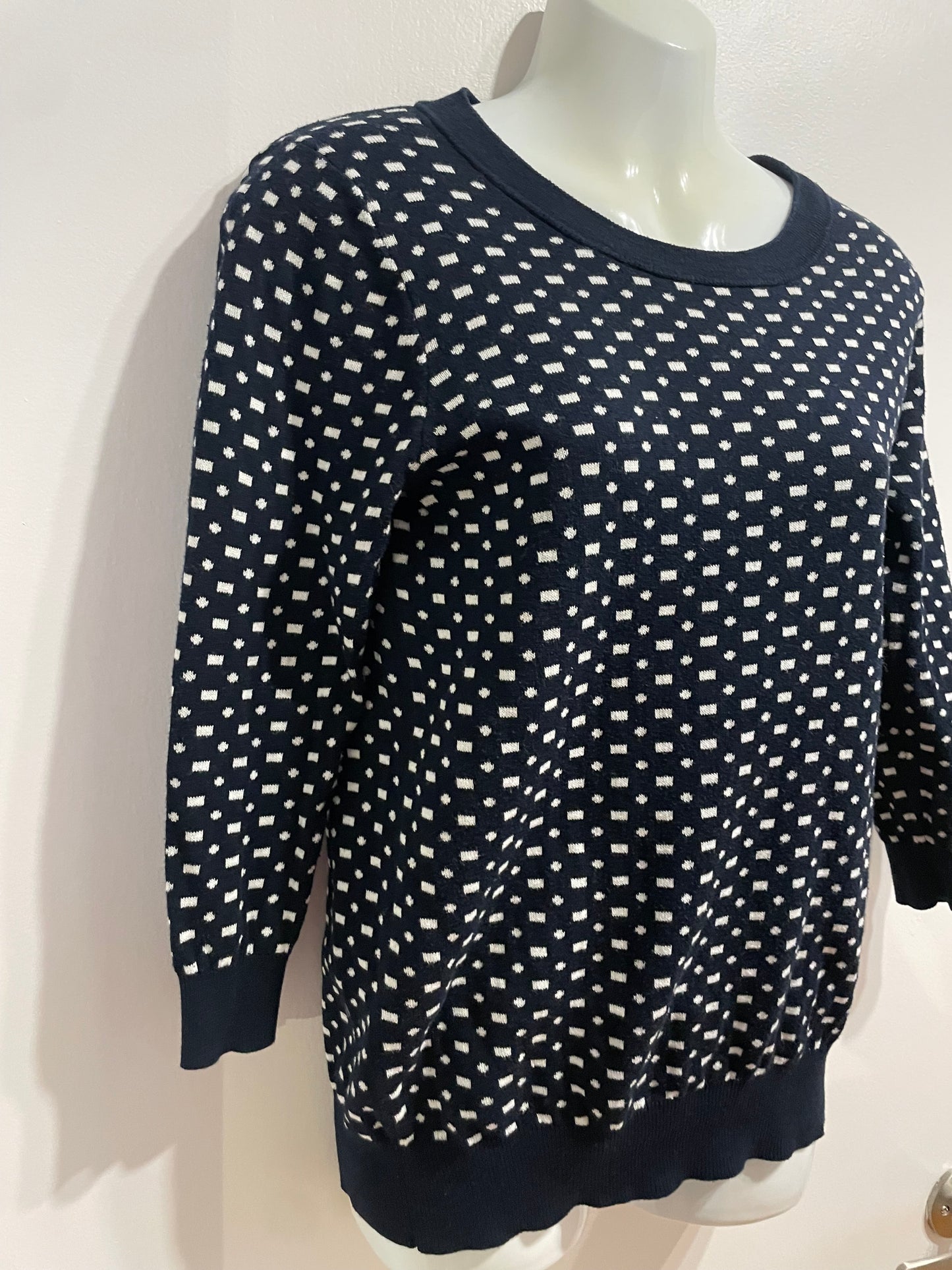 J.Crew Navy White Cotton Patterned Crewneck Sweater - Small