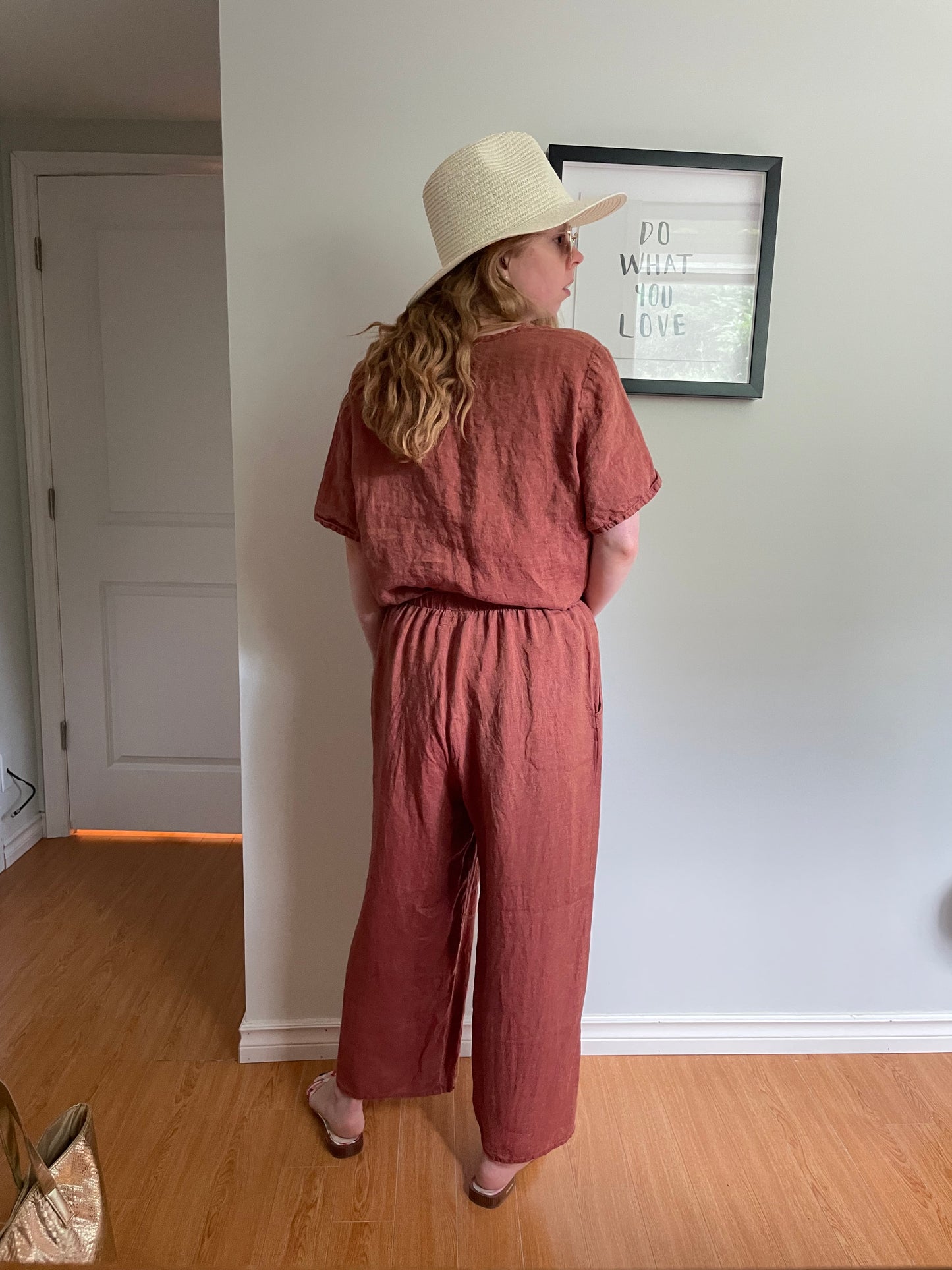 FLAX – Terracotta Linen Top & Wide-Leg Pants Set – M/S