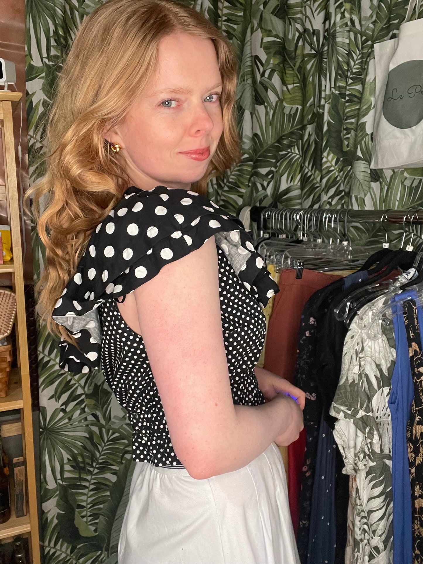 River Island Black & White Polka Dot One-Shoulder Cotton Ruffle Top – S/M
