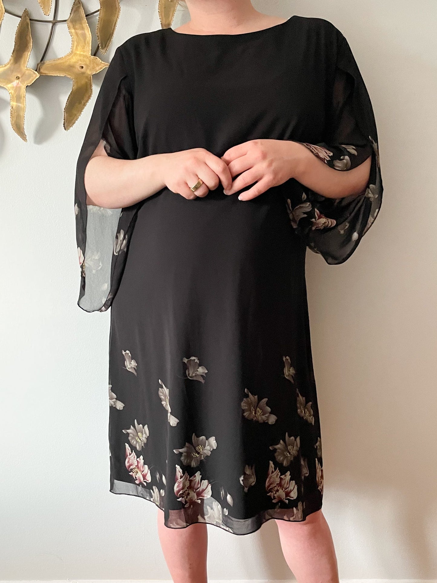 Grace Karin Black Floral Chiffon Slit Sleeve Dress NWT - 2XL