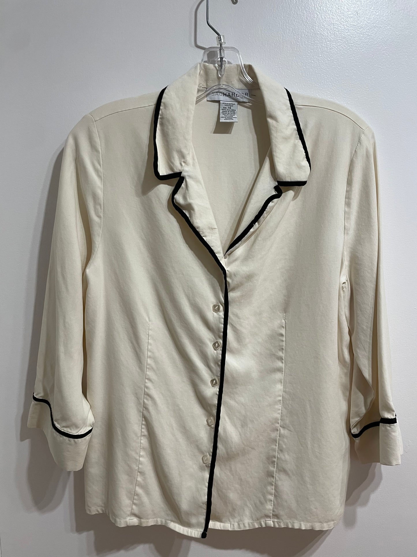 SAG HARBOR White & Black Piped Vintage Silk 3/4 Sleeve Top – M/L